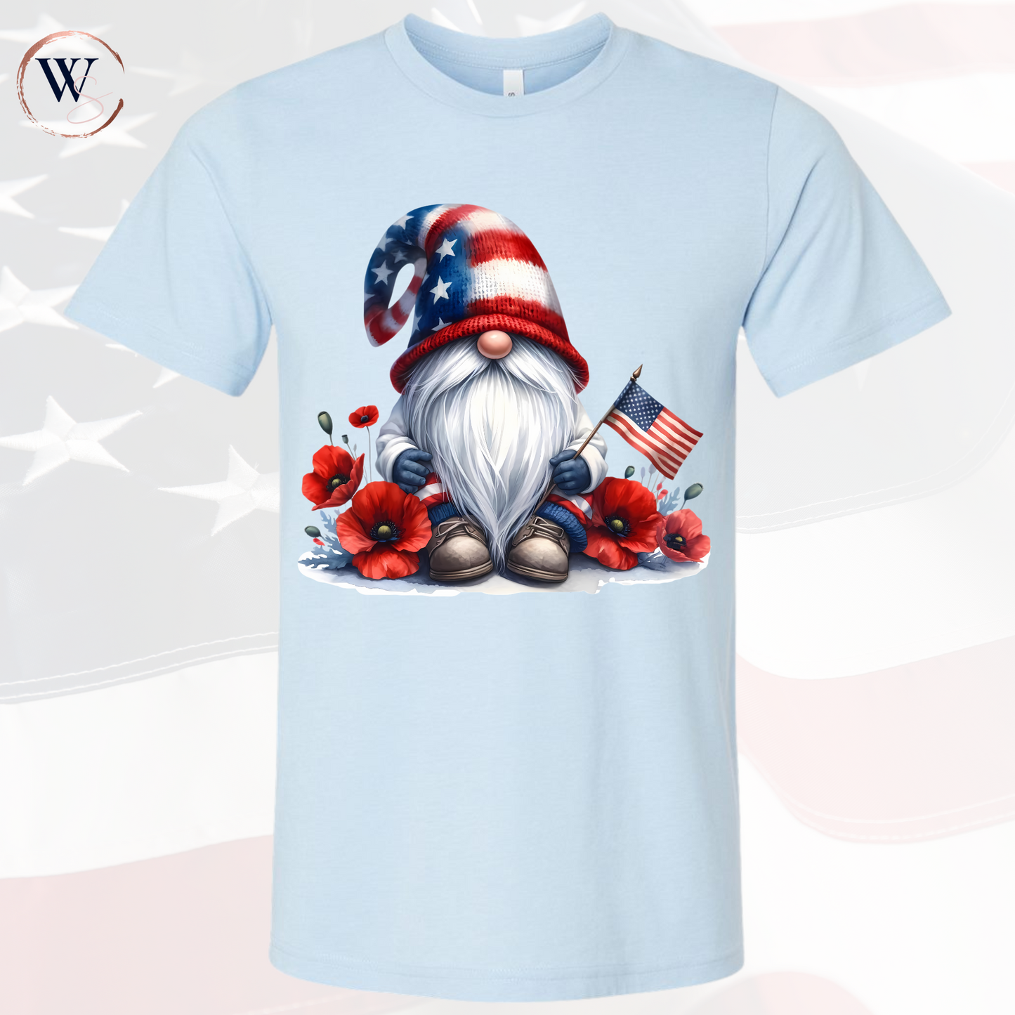 Gnome with American flag tee featuring a patriotic gnome in stars and stripes design, ideal for 4th of July celebrations.