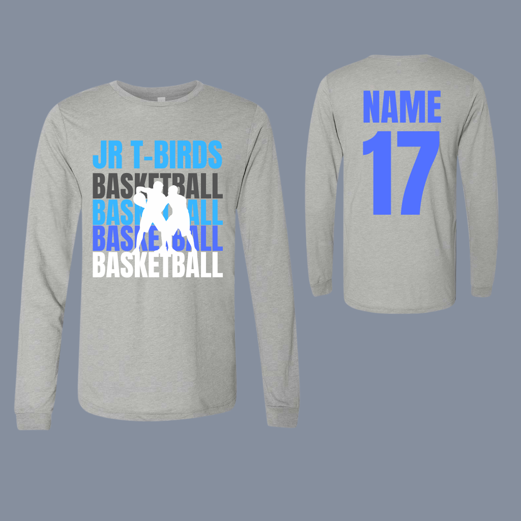 Jr Tbird Long Sleeve Adult Tee with customizable name and number, ultra-comfortable and lightweight design.