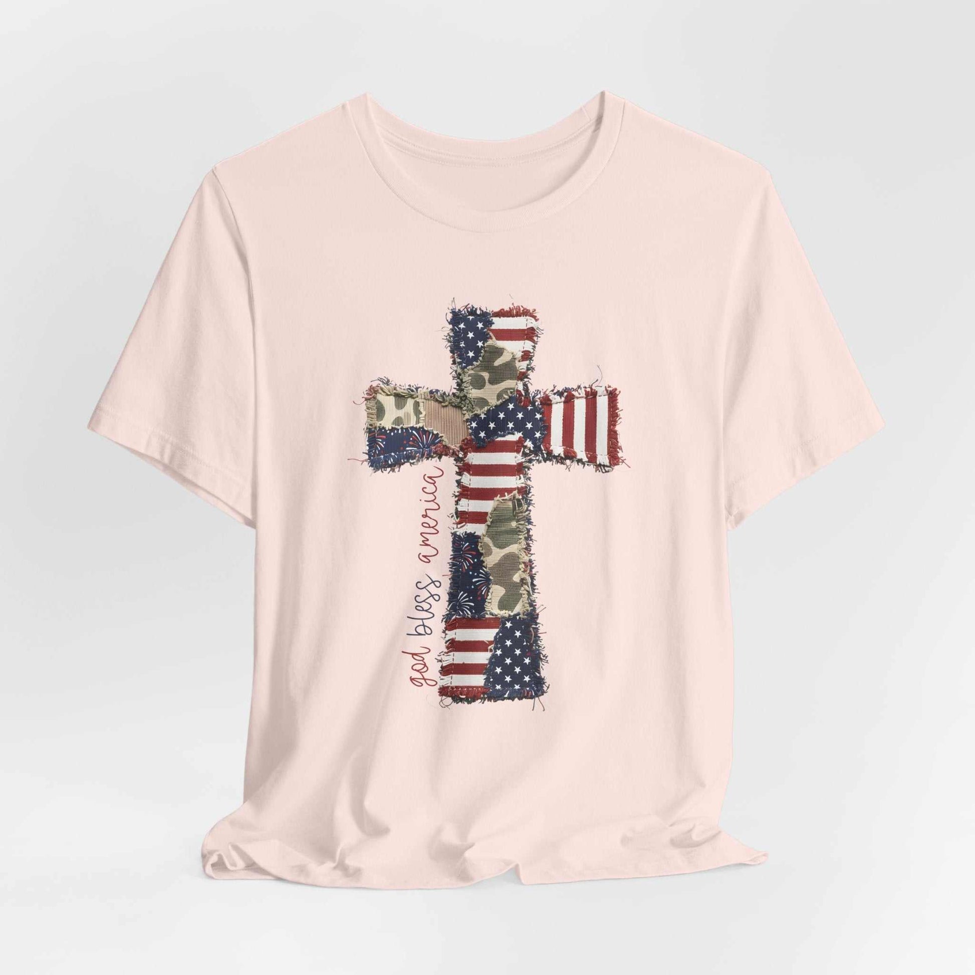 God Bless America shirt with patriotic cross and distressed flag design
