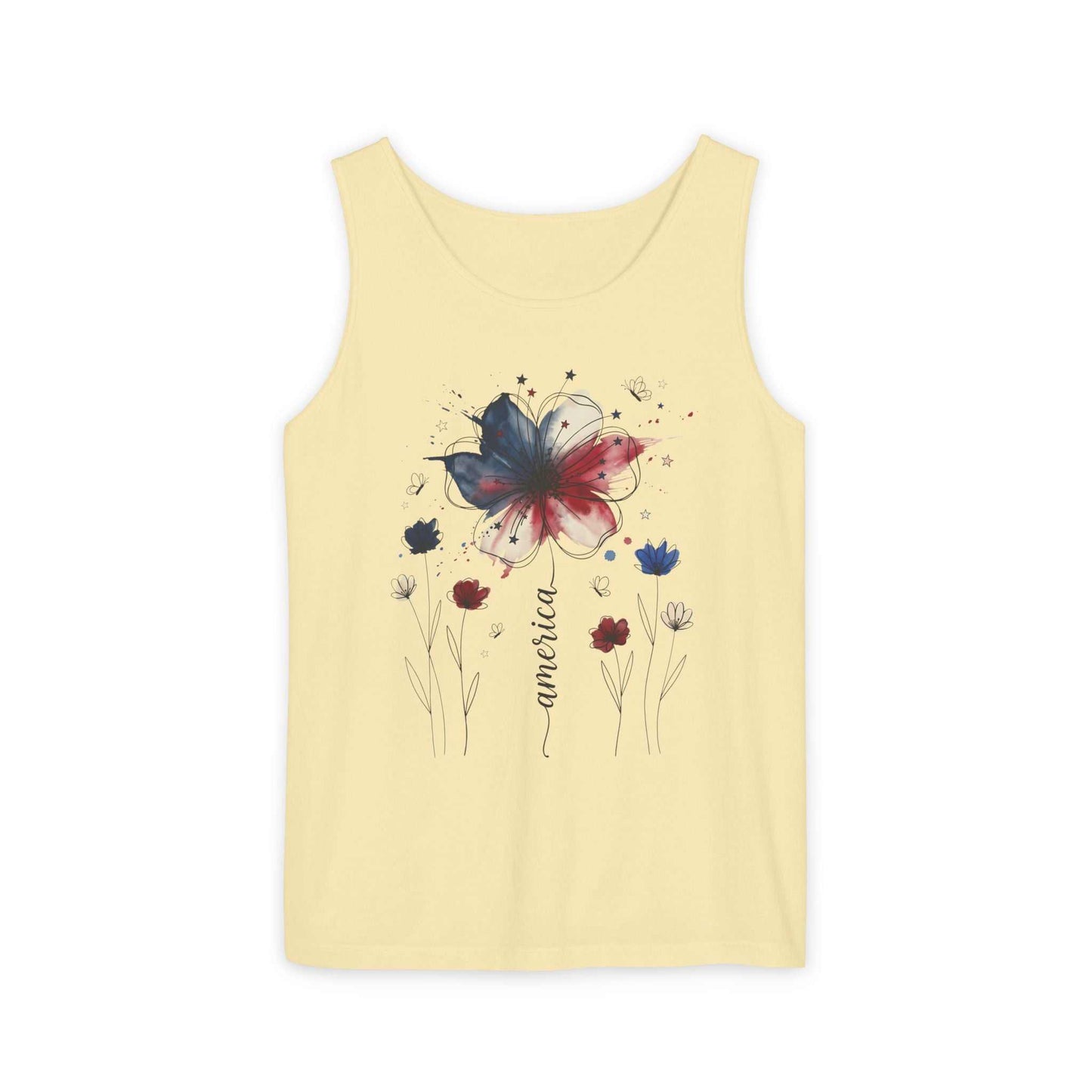Patriotic watercolor flower tank top with loose fit and hand-painted floral design in indigo and rust tones