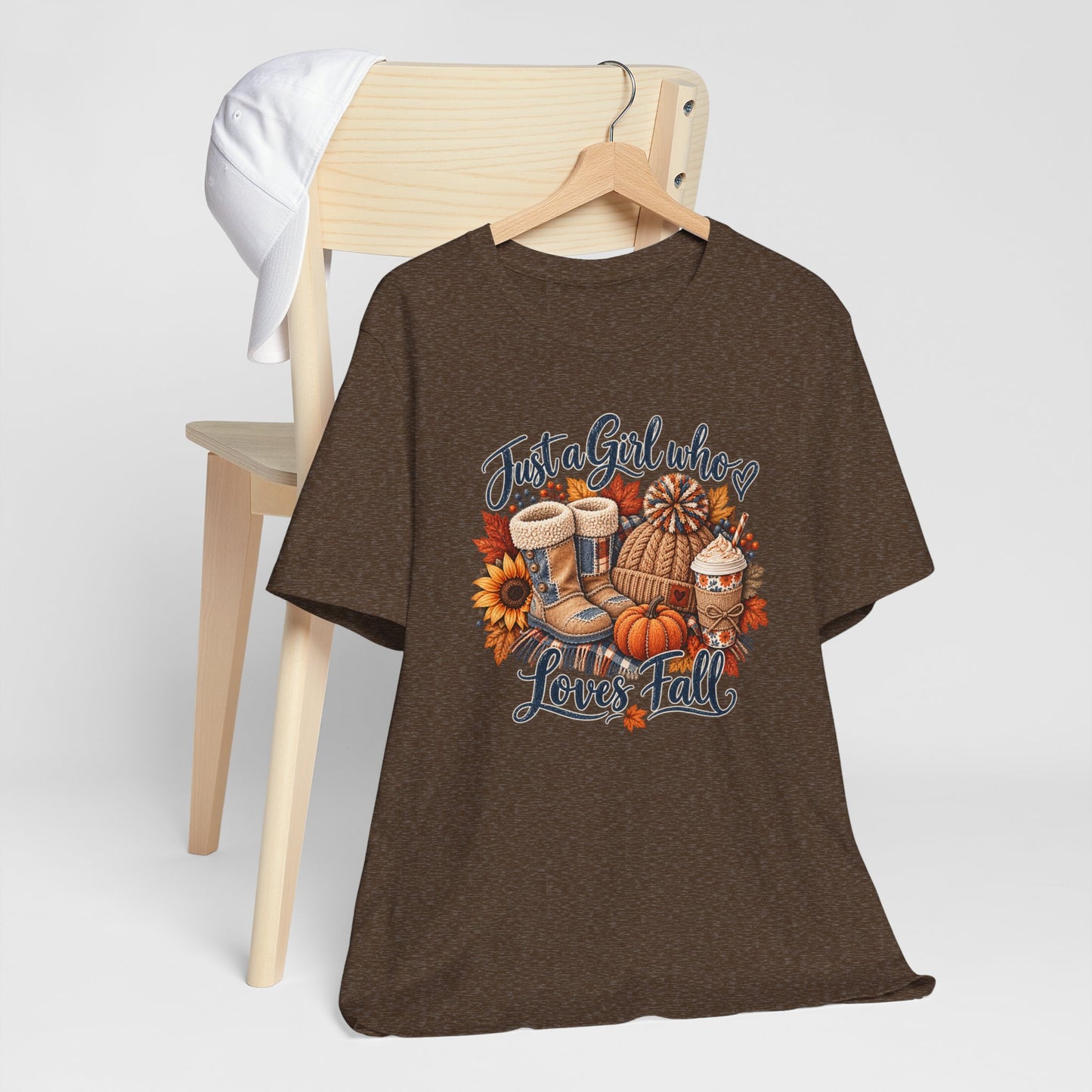 Just a Girl Who Loves Fall T-Shirt — Autumn Pumpkin & Cozy Coffee Tee