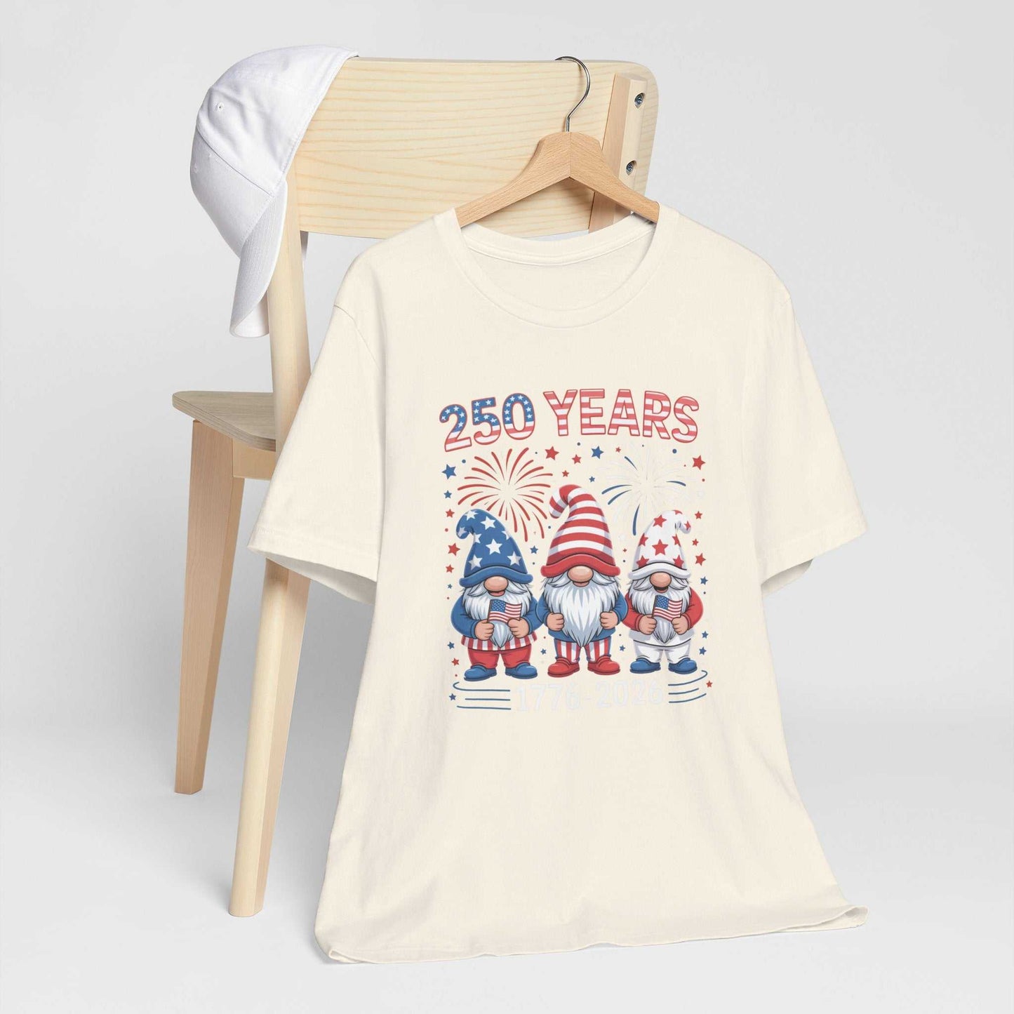 250 Years Patriotic Gnome Shirt with festive red white blue gnomes and fireworks celebrating America 1776-2026