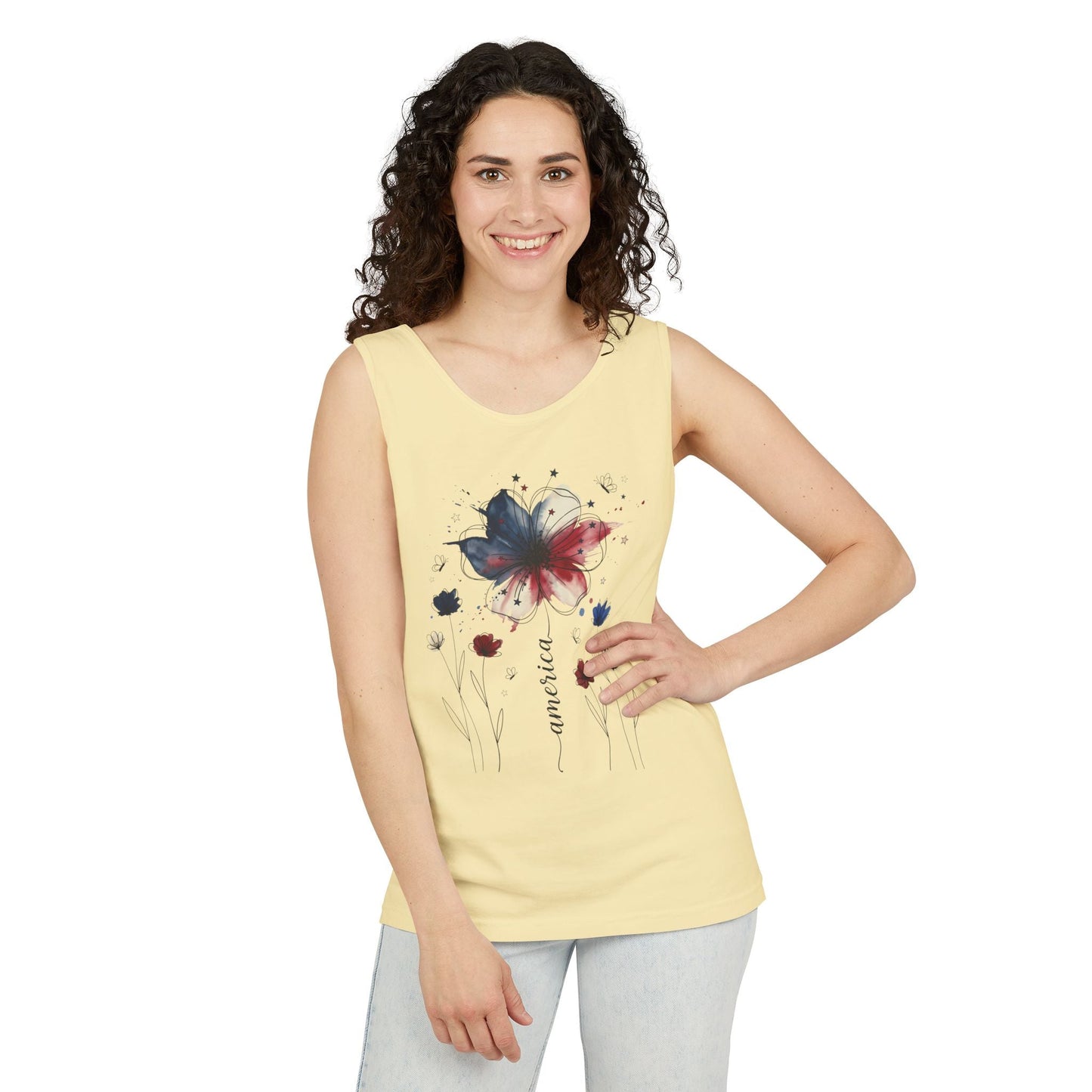 Patriotic watercolor flower tank top with indigo and rust floral graphic on soft cotton fabric