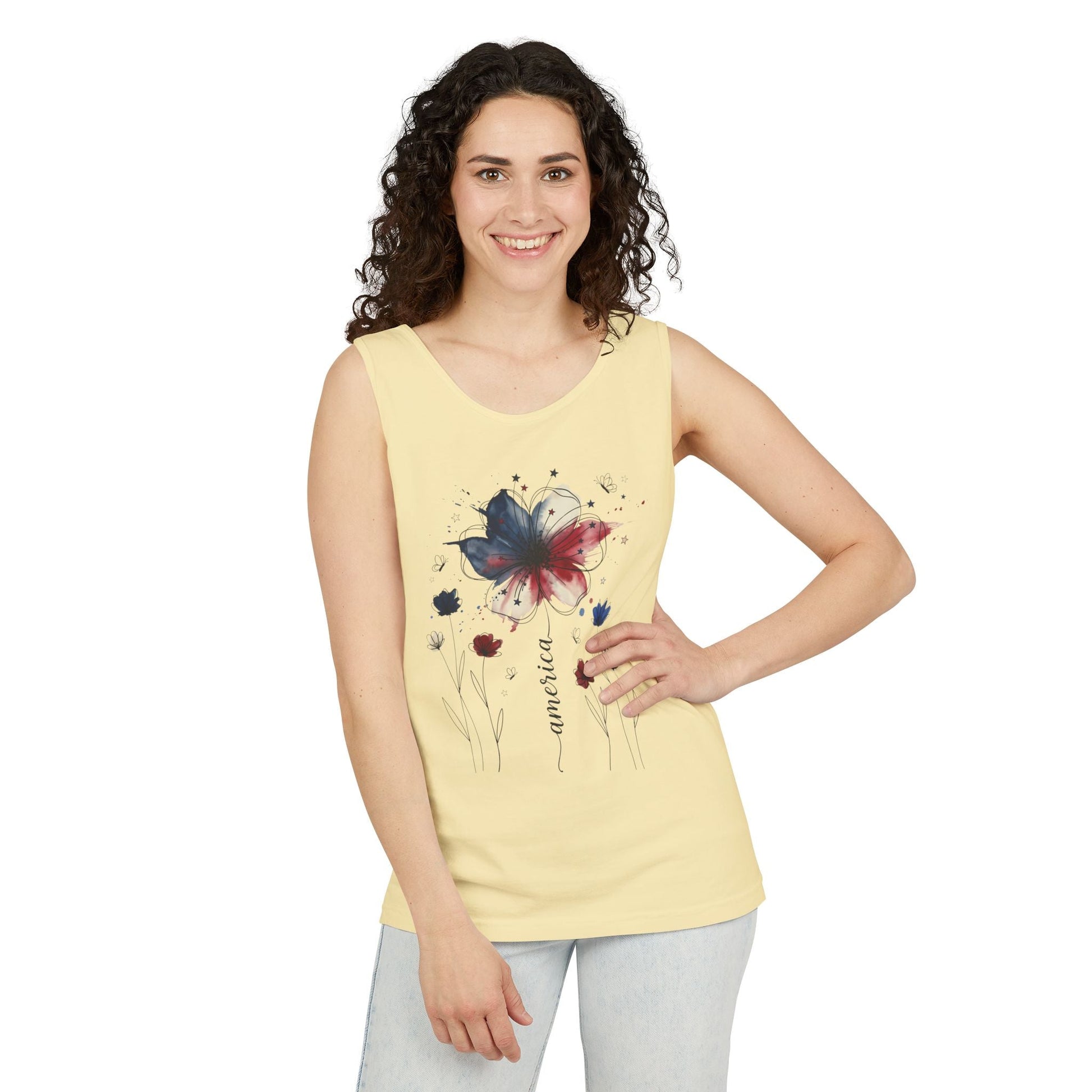 Patriotic watercolor flower tank top with indigo and rust floral graphic on soft cotton fabric