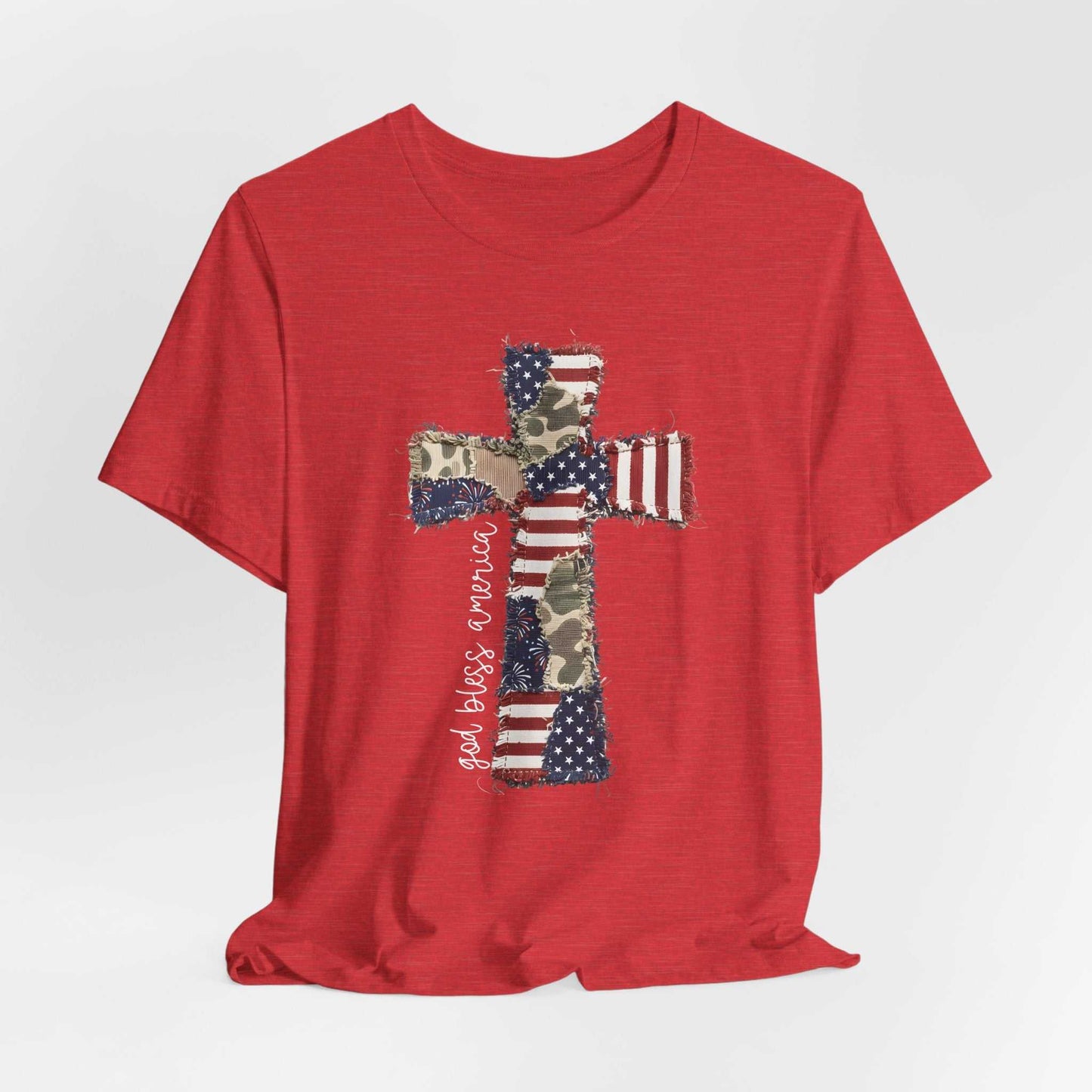 God Bless America shirt with vintage patriotic cross and distressed American flag design