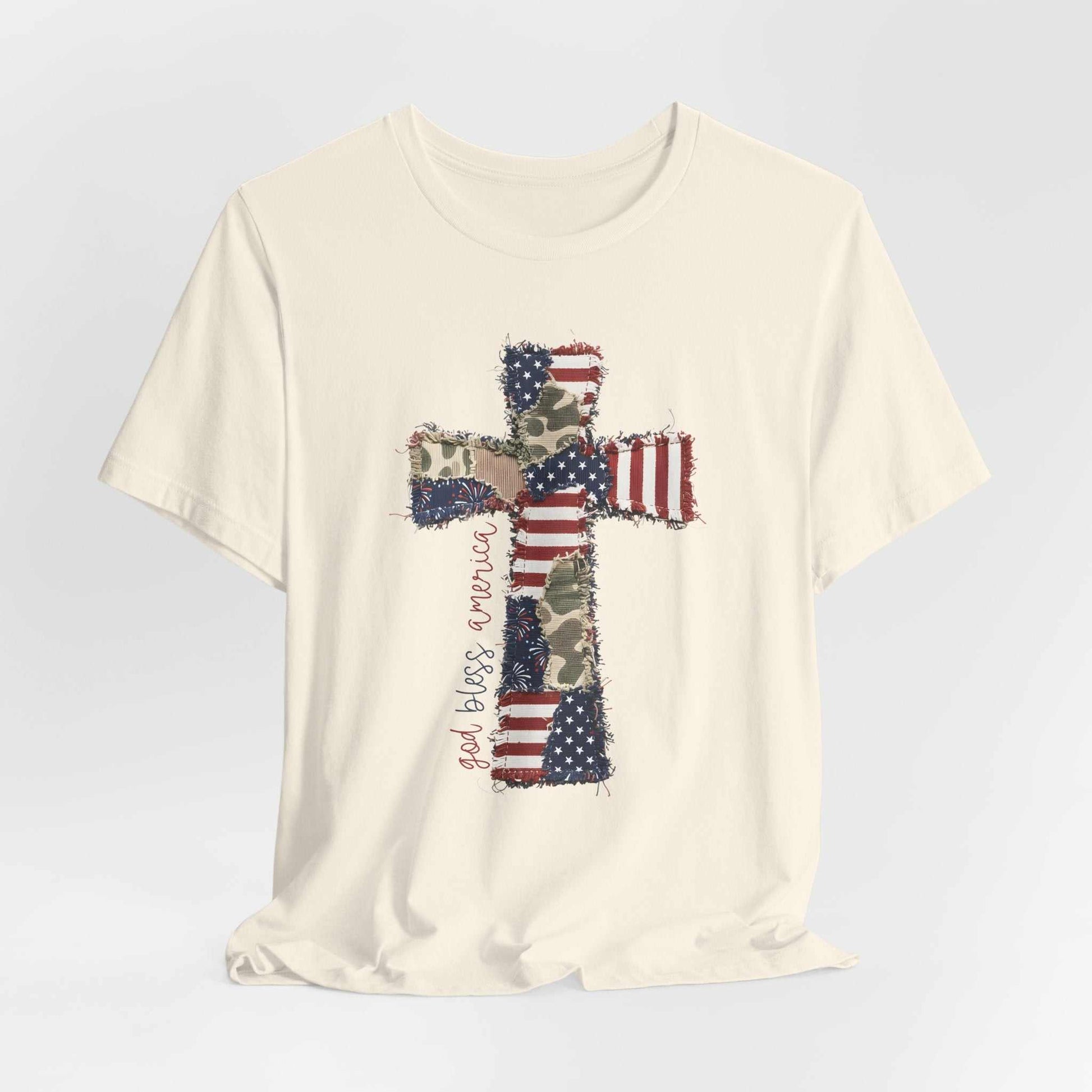 God Bless America shirt with patriotic cross and distressed American flag design