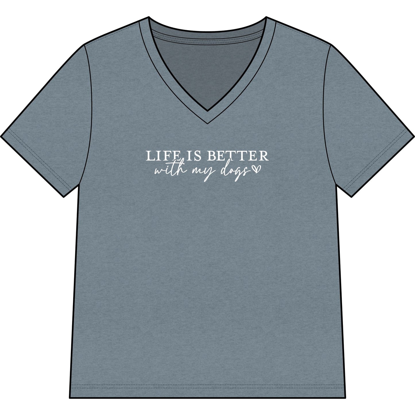 Woman wearing a Life Is Better With My Dogs v-neck tee with dog paw print design