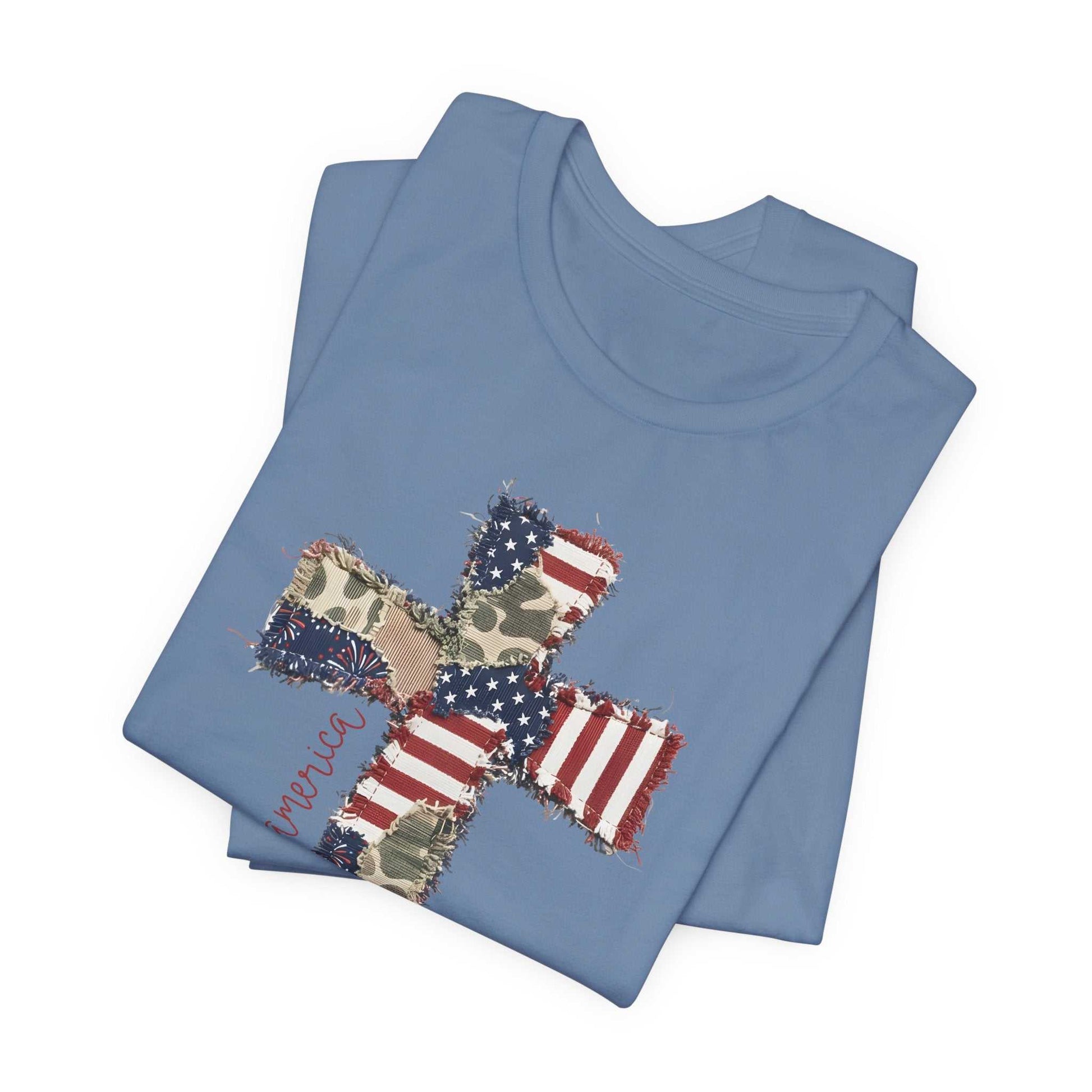 God Bless America shirt with patriotic cross and distressed American flag design