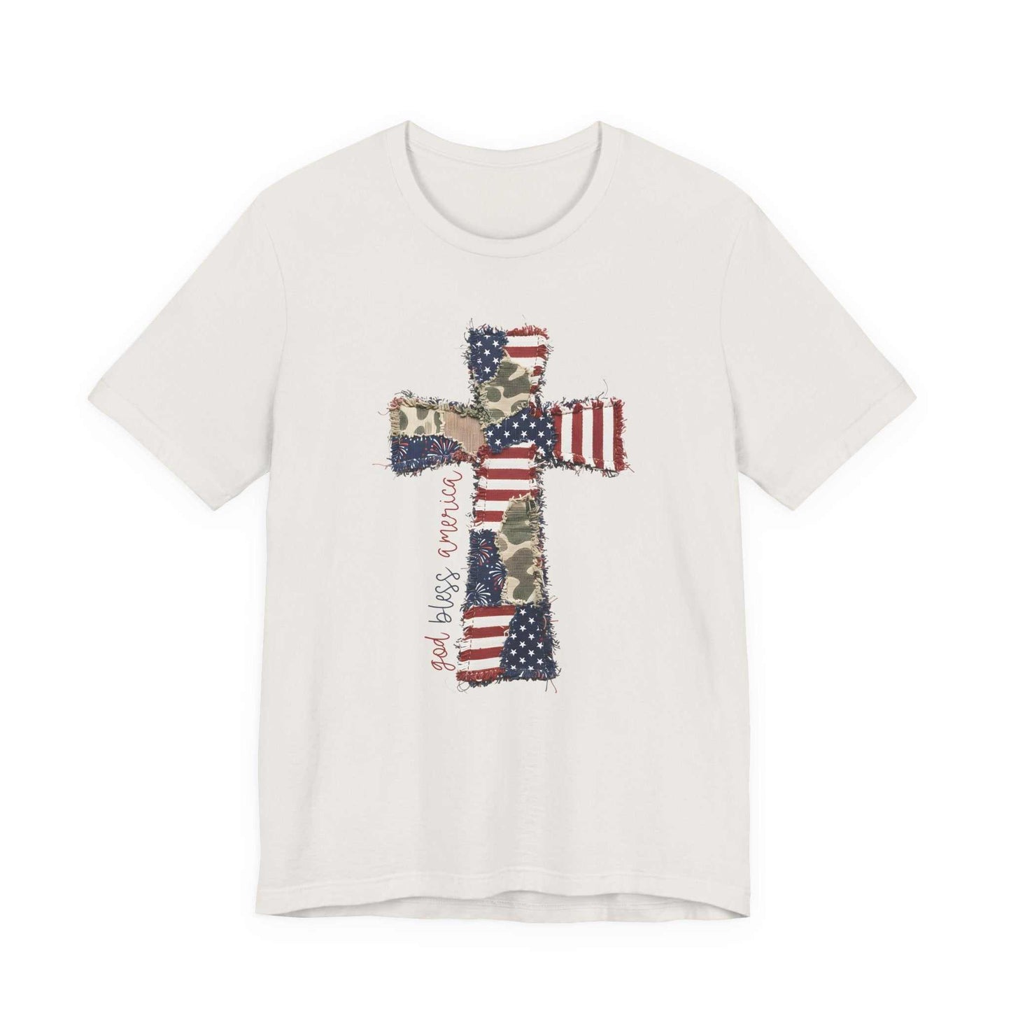 God Bless America shirt with patriotic cross and distressed American flag design