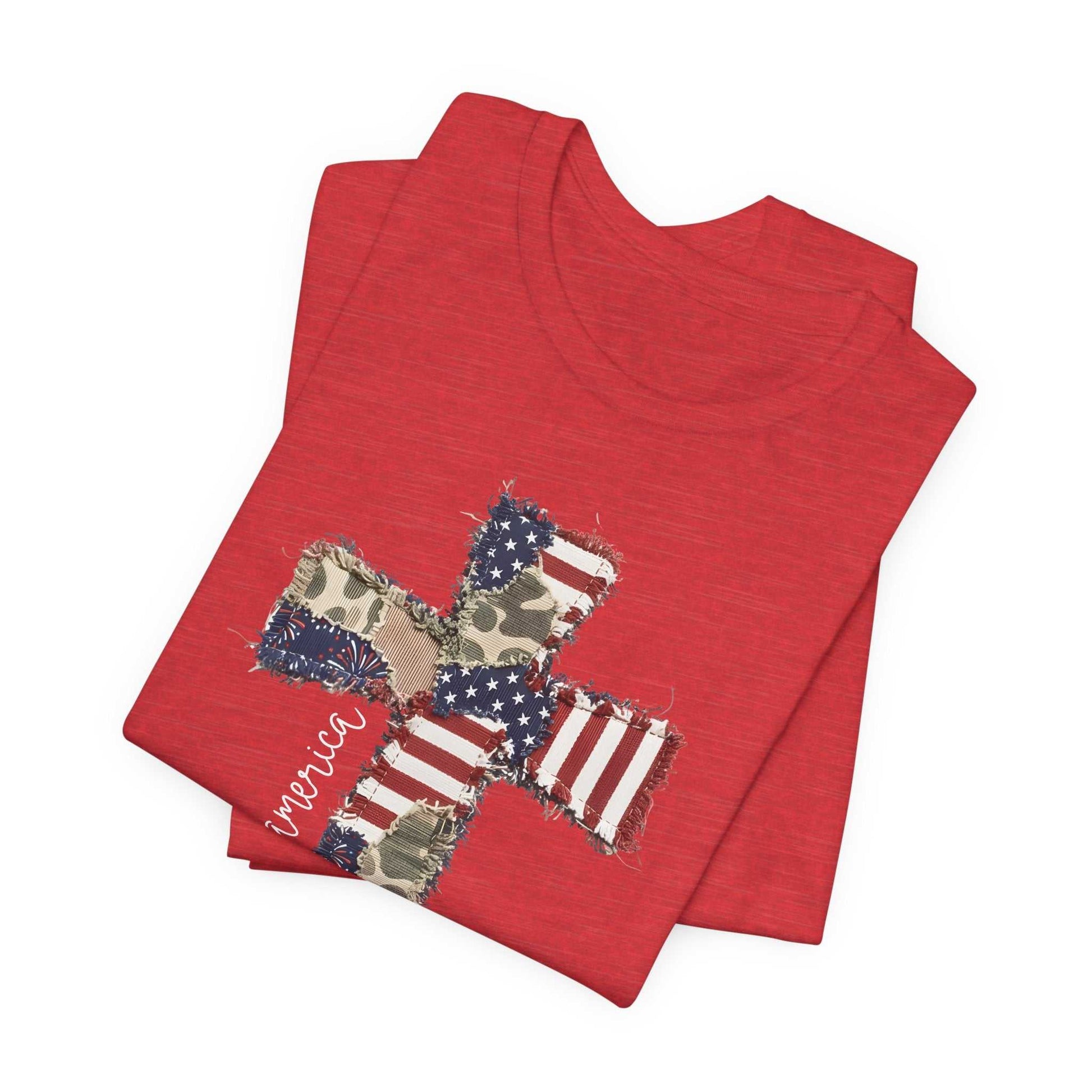 God Bless America shirt with patriotic cross and distressed American flag design