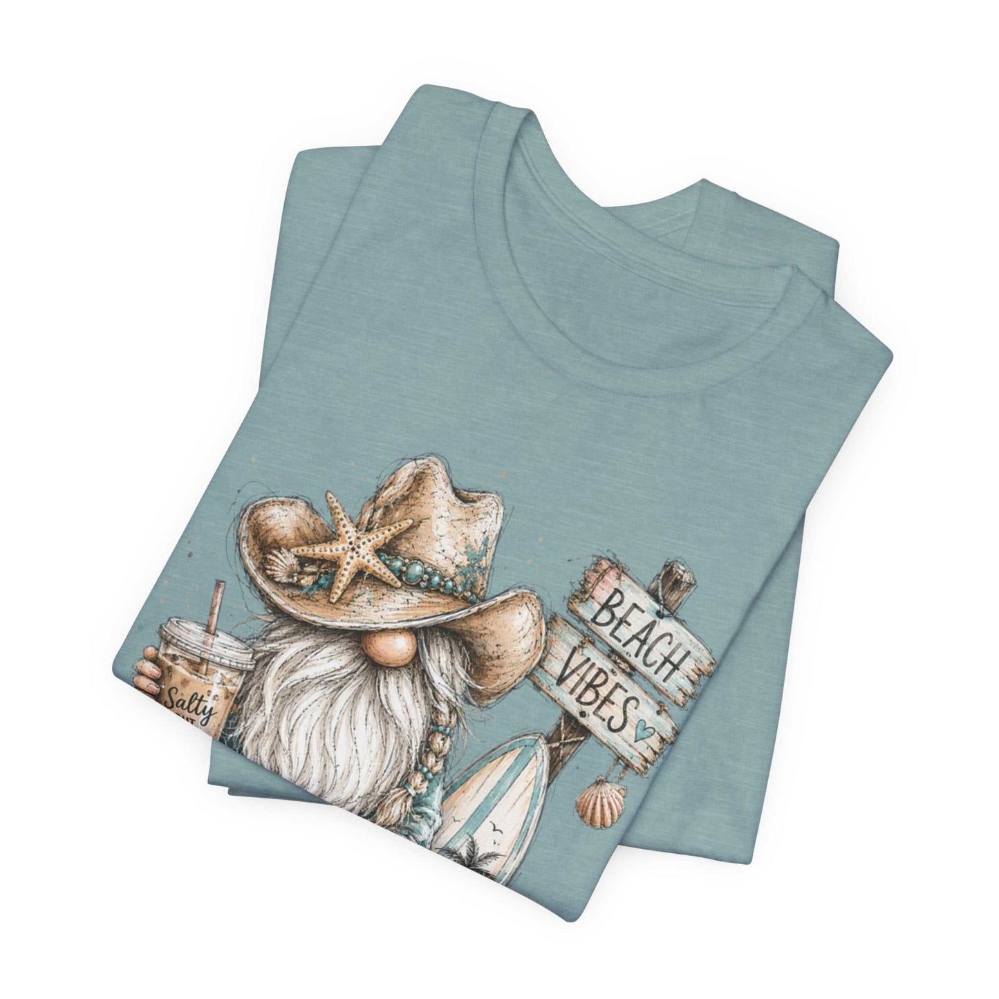 Coastal Cowgirl Beach Gnome shirt with turquoise accents, cowboy boots, seashells, and watercolor sketch style for summer beach and western vibes