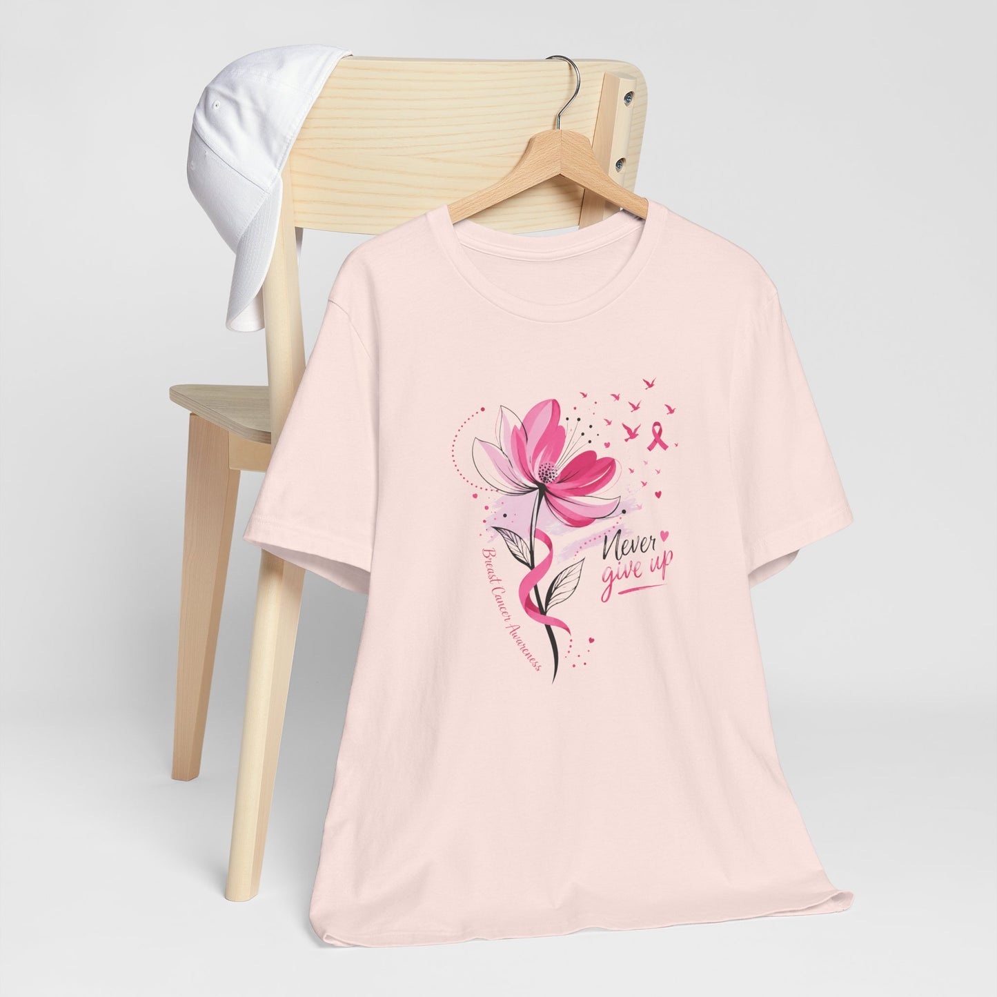 Never Give Up Floral Breast Cancer Awareness Tee