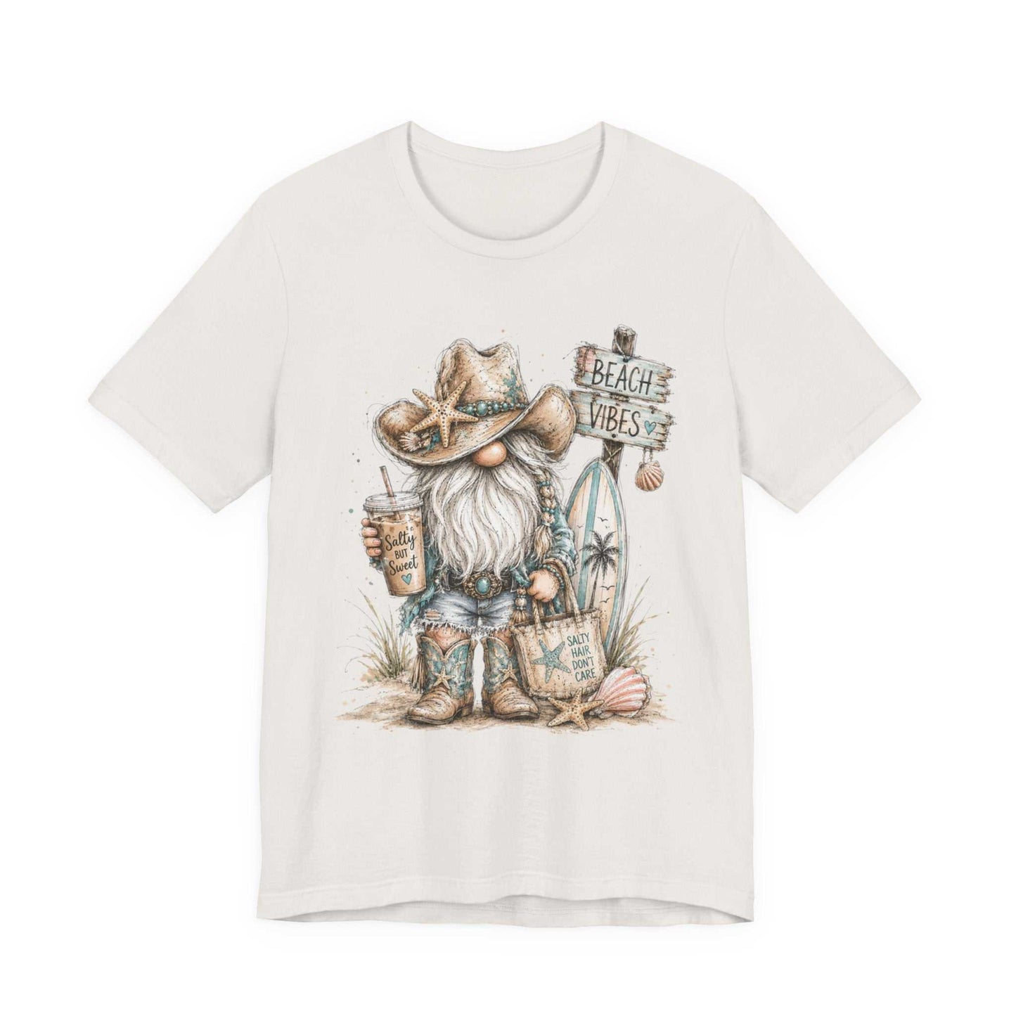 Coastal Cowgirl Beach Gnome shirt with turquoise accents, cowboy boots, seashells, and watercolor sketch design on a summer tee