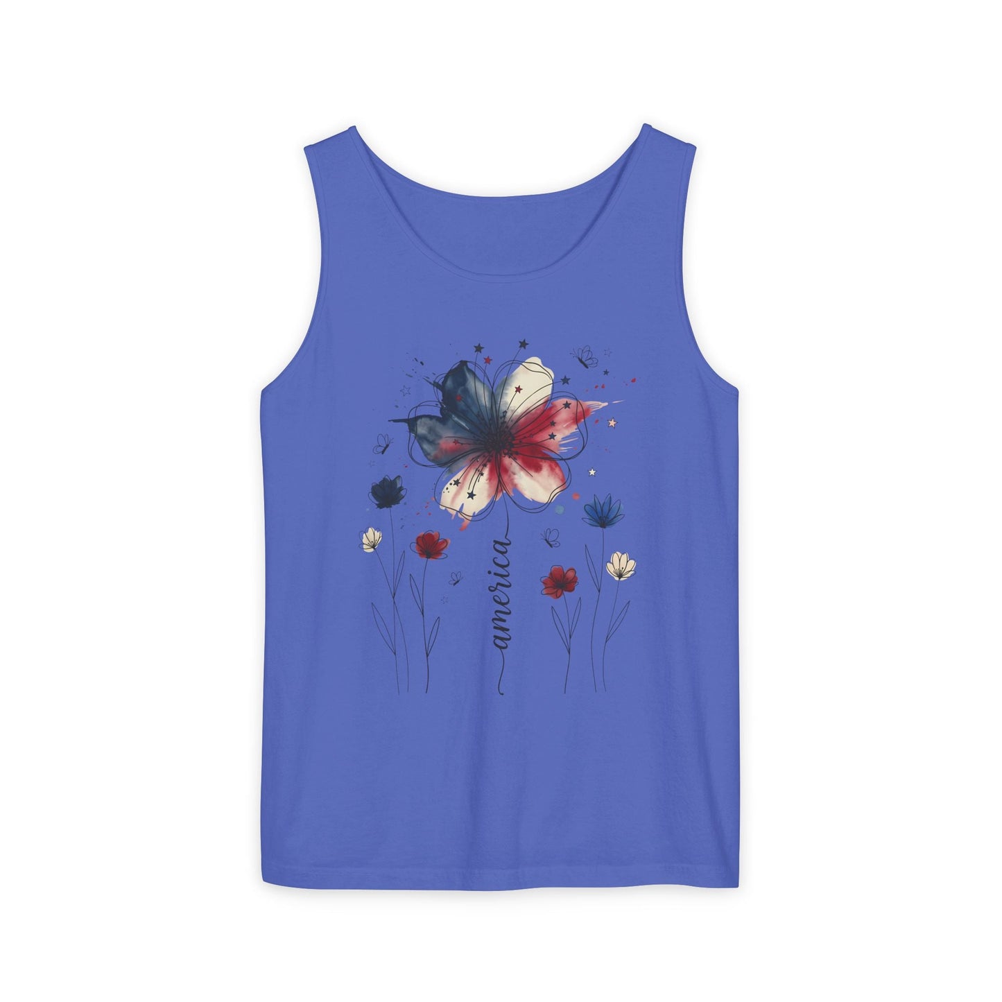 Patriotic watercolor flower tank top with indigo and rust floral design on soft garment-dyed cotton