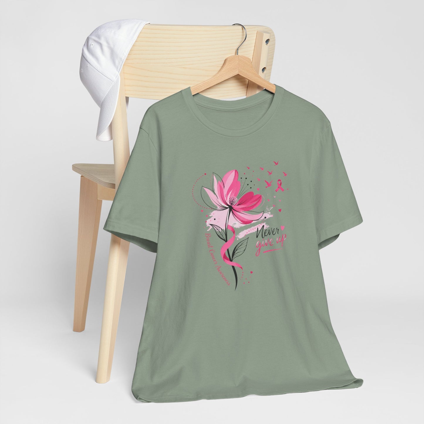 Never Give Up Floral Breast Cancer Awareness Tee