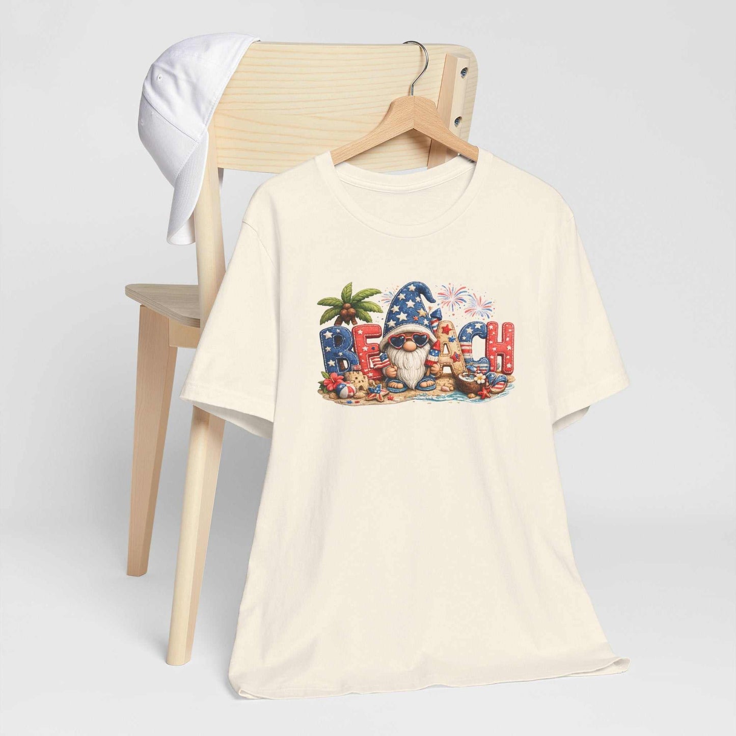 Patriotic beach gnome patchwork tee with red white and blue summer design and coastal Americana accents