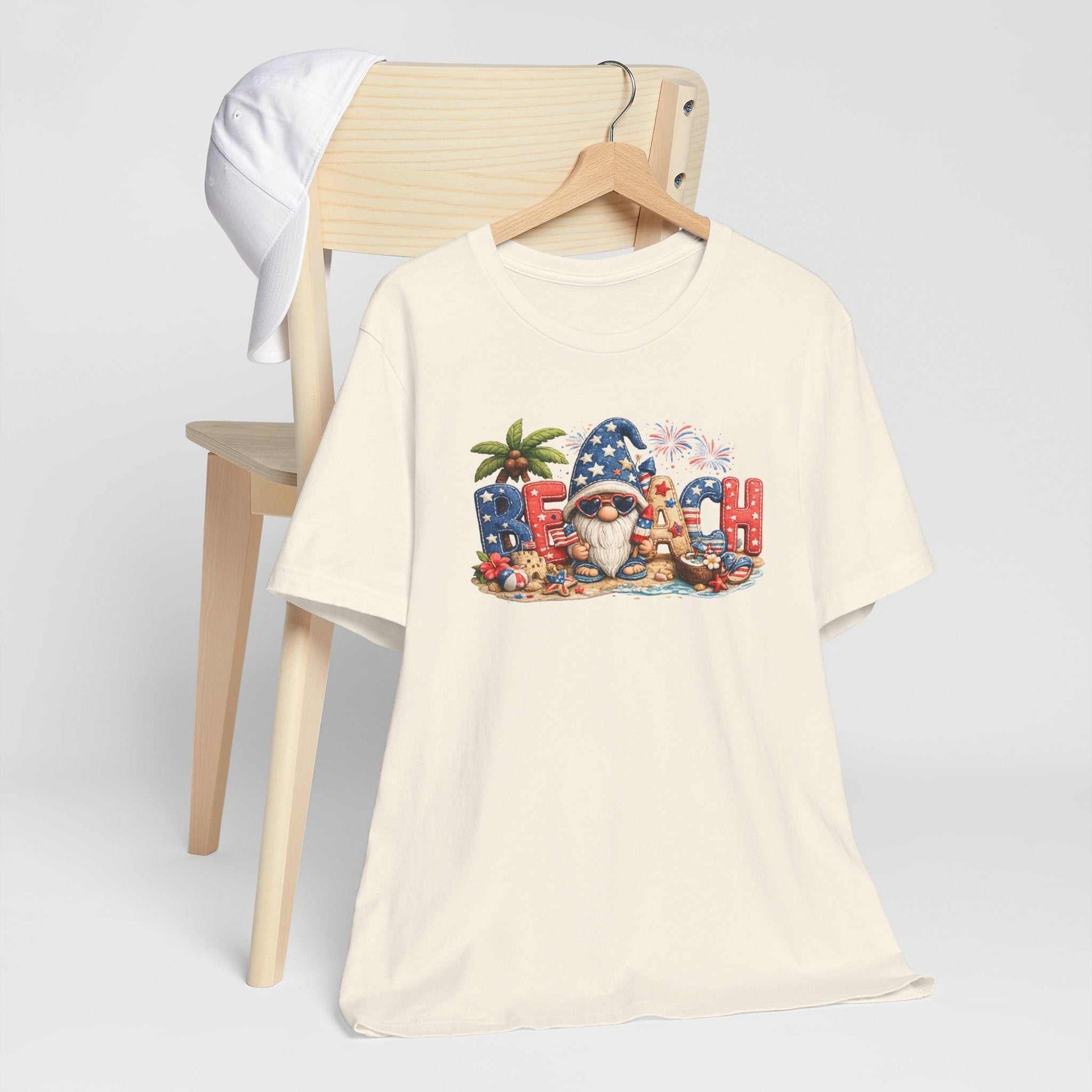 Patriotic beach gnome patchwork tee with red white and blue summer design and coastal Americana accents