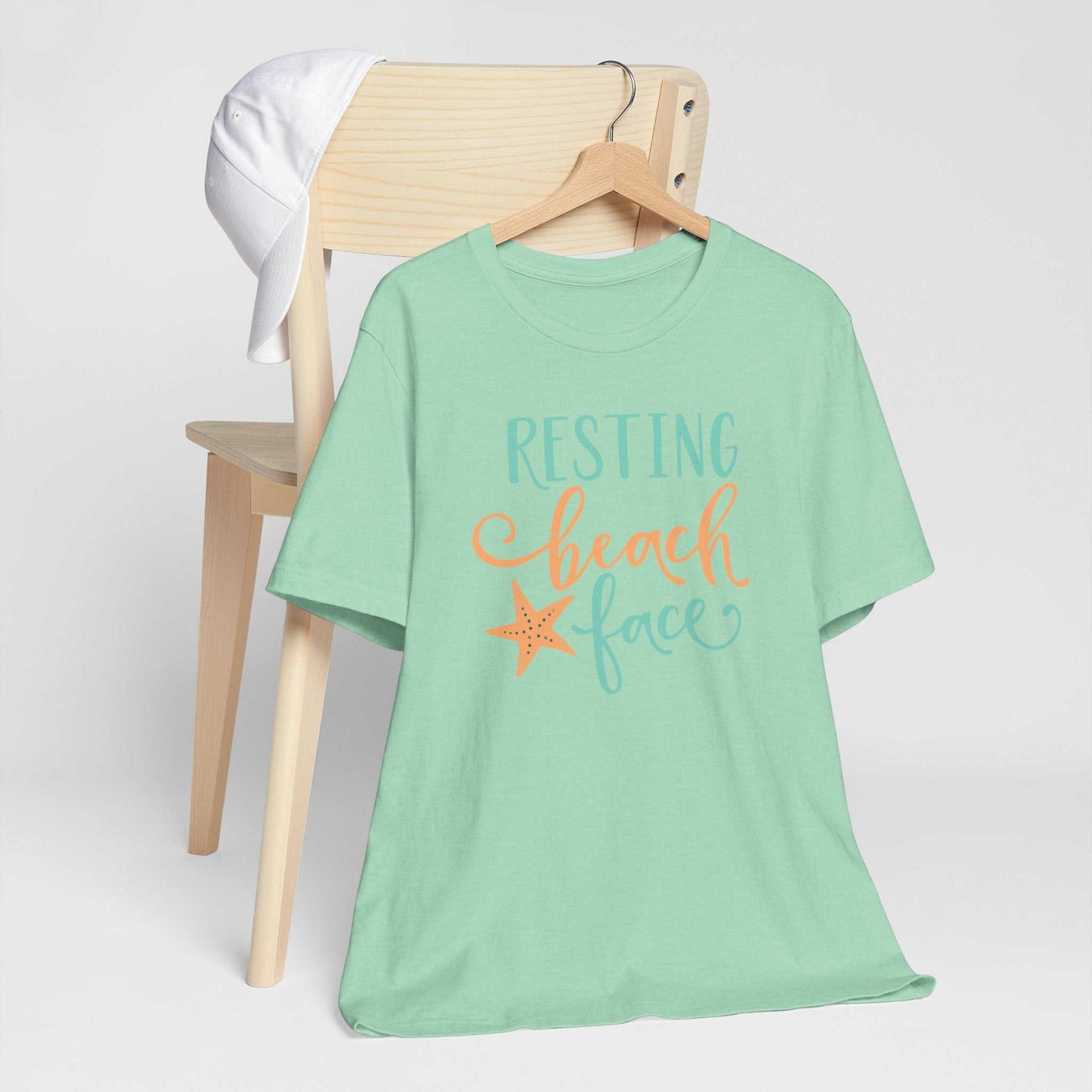 Resting Beach Face graphic tee in soft coastal colors on Bella + Canvas 3001 unisex shirt
