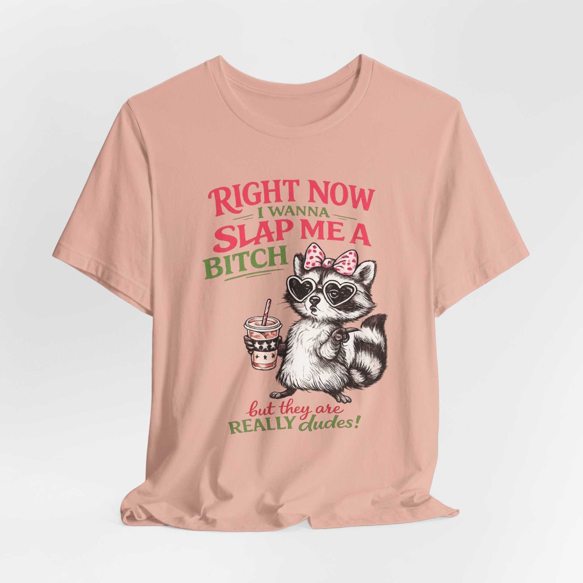 Funny raccoon graphic tee with "Right Now I Wanna Slap Me a BITCH" bold pink and sage lettering