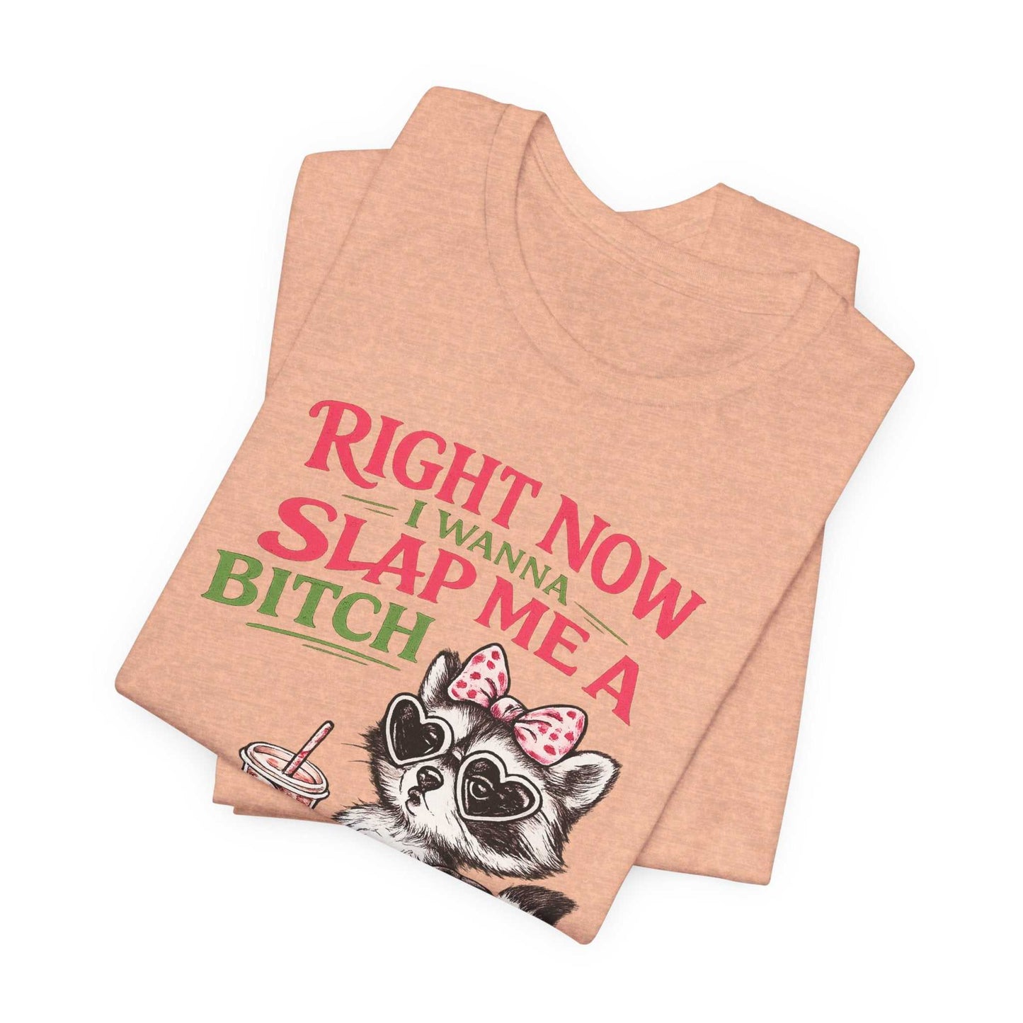 Graphic tee with sassy raccoon and "Right Now I Wanna Slap Me a BITCH" quote in retro pink and sage green lettering