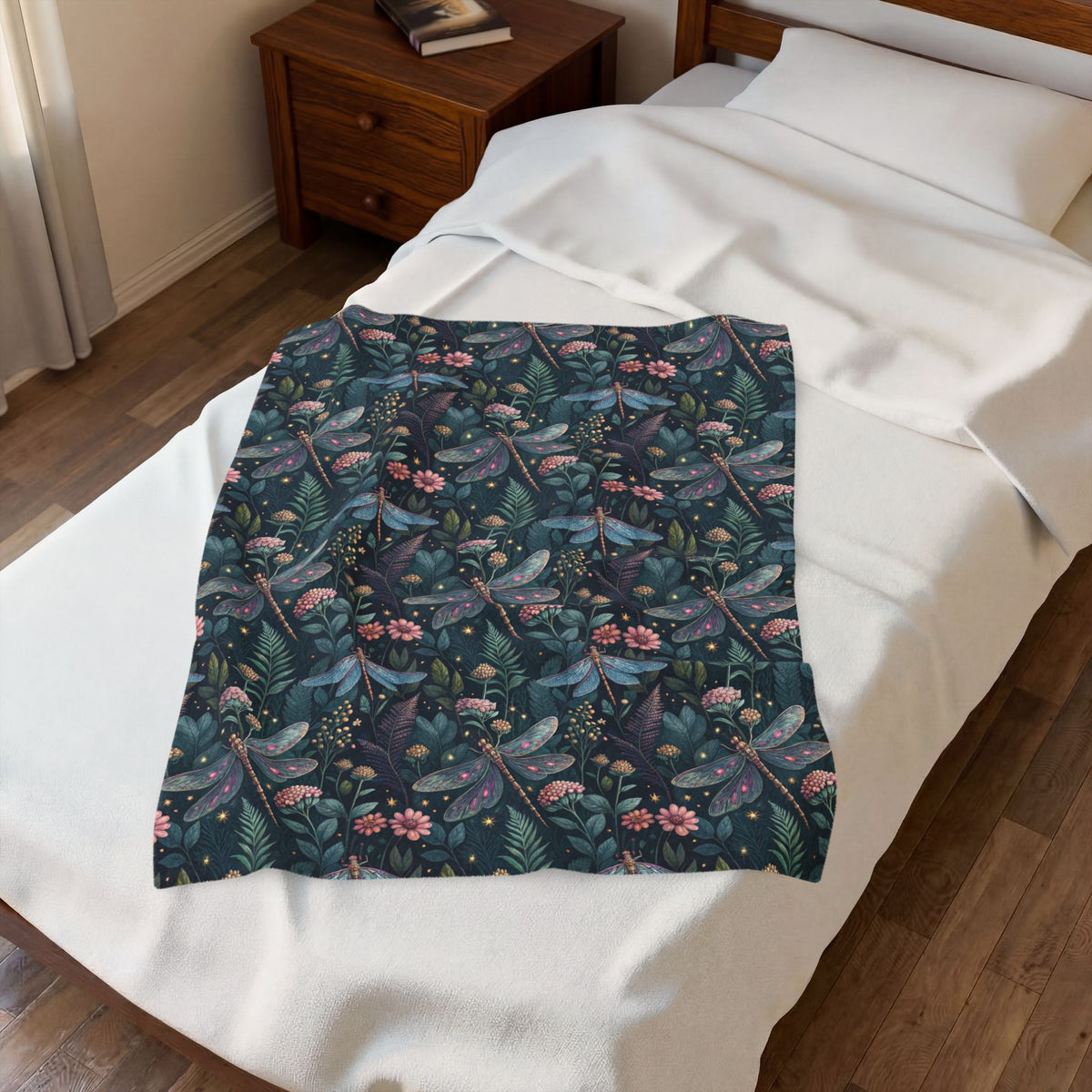 Velveteen Plush Blanket — Dark Botanical Dragonfly Throw