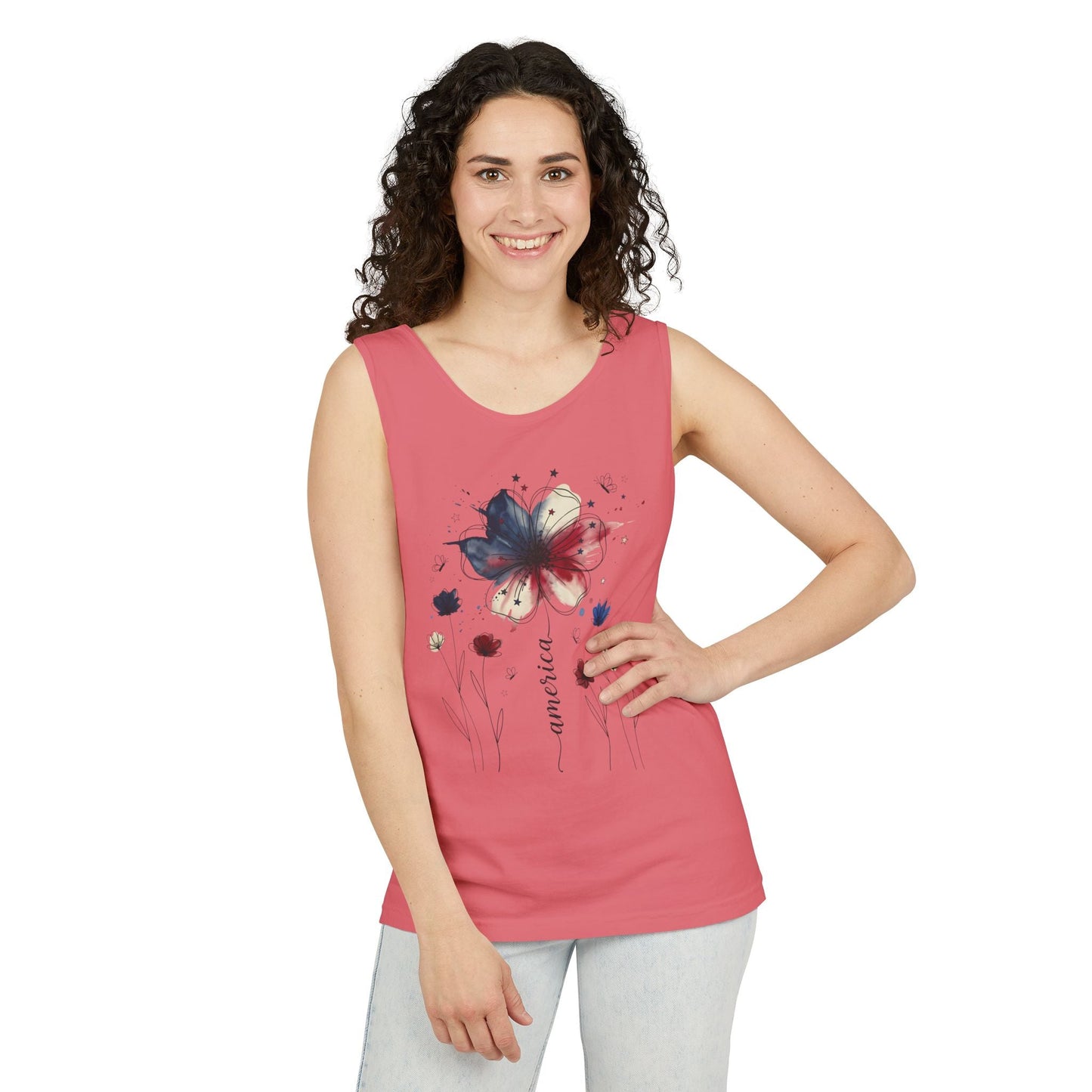 Patriotic watercolor flower tank top with indigo and rust floral graphic on soft cotton