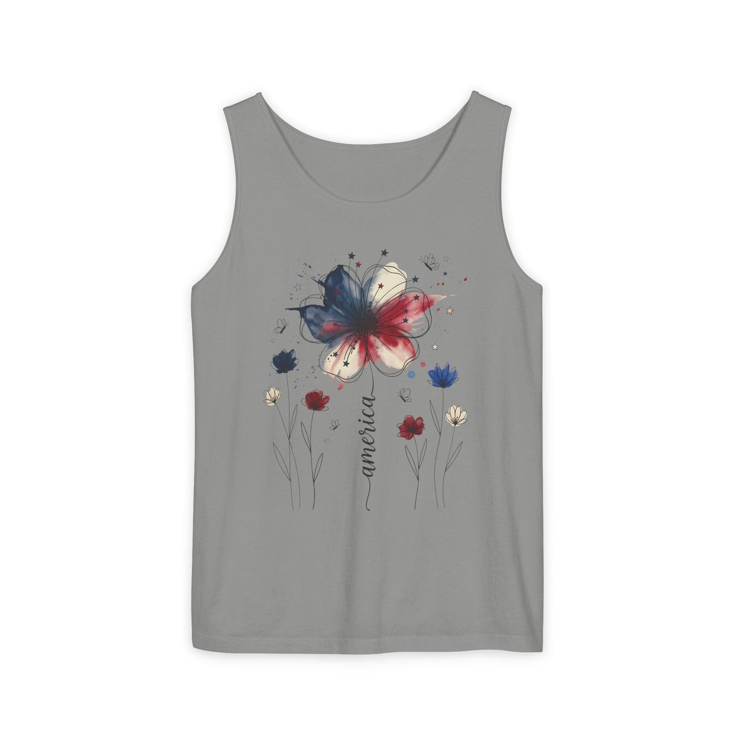 Patriotic watercolor flower tank top with indigo and rust floral design on soft cotton