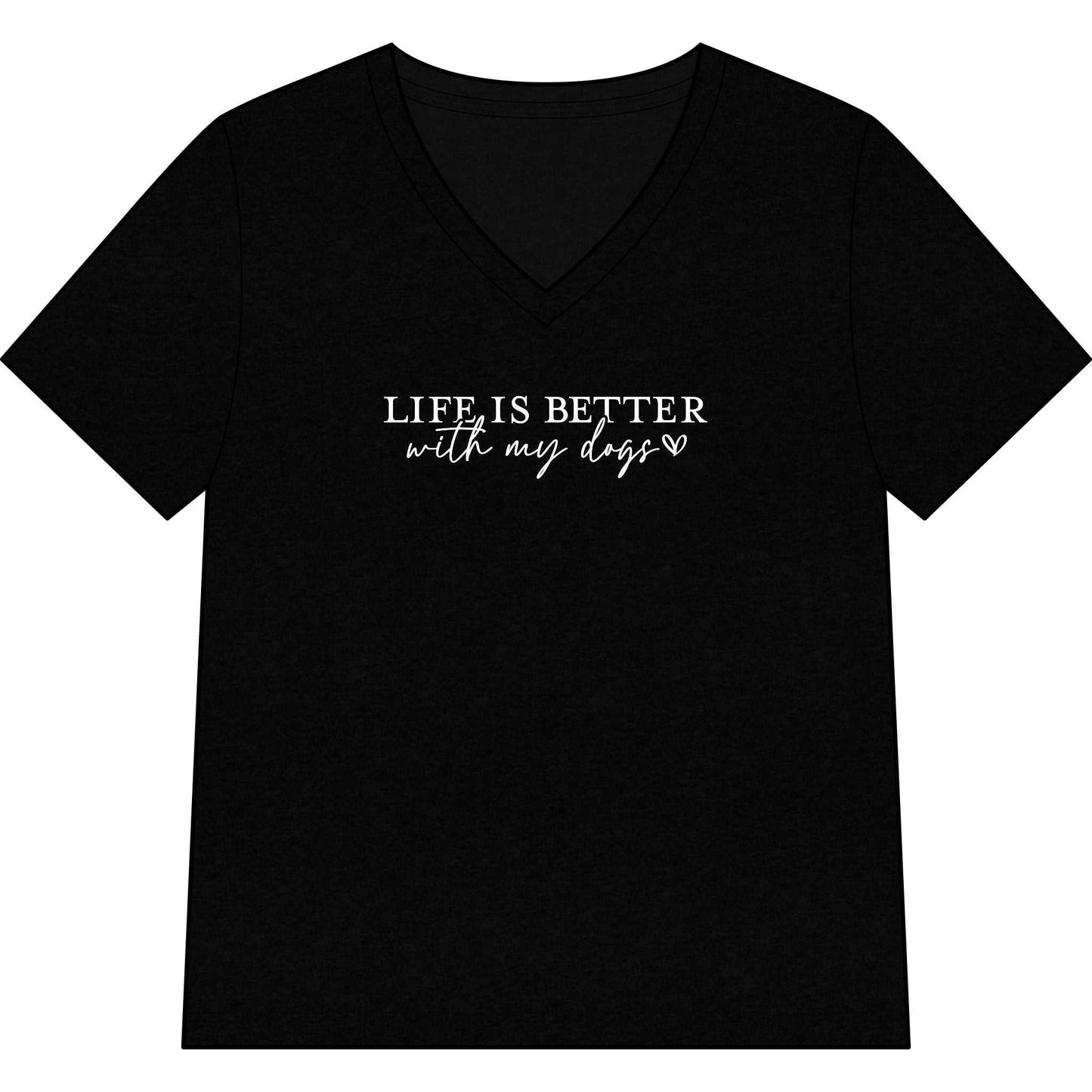 Woman wearing a Life Is Better With My Dogs v-neck shirt with dog paw design