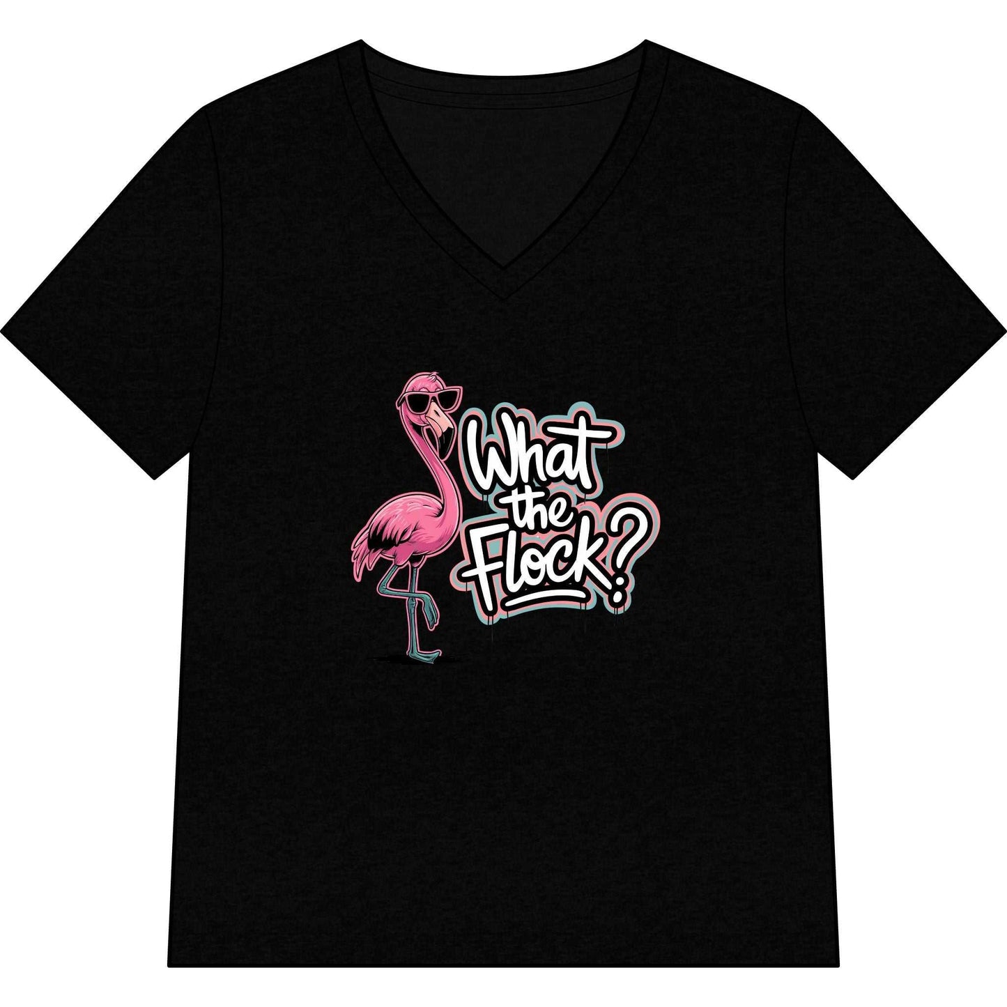 Woman wearing a "What the Flock?" flamingo graphic V-neck tee, perfect for beach and tropical style