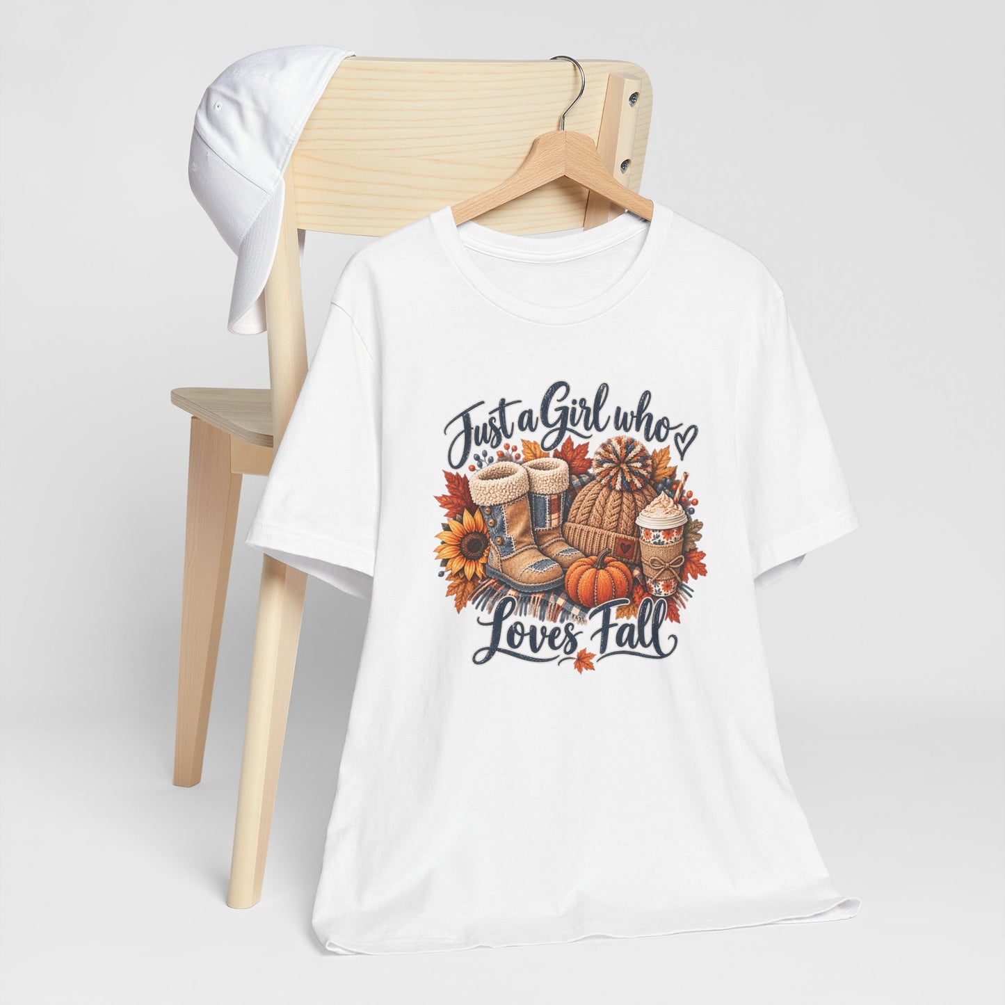 Just a Girl Who Loves Fall T-Shirt — Autumn Pumpkin & Cozy Coffee Tee