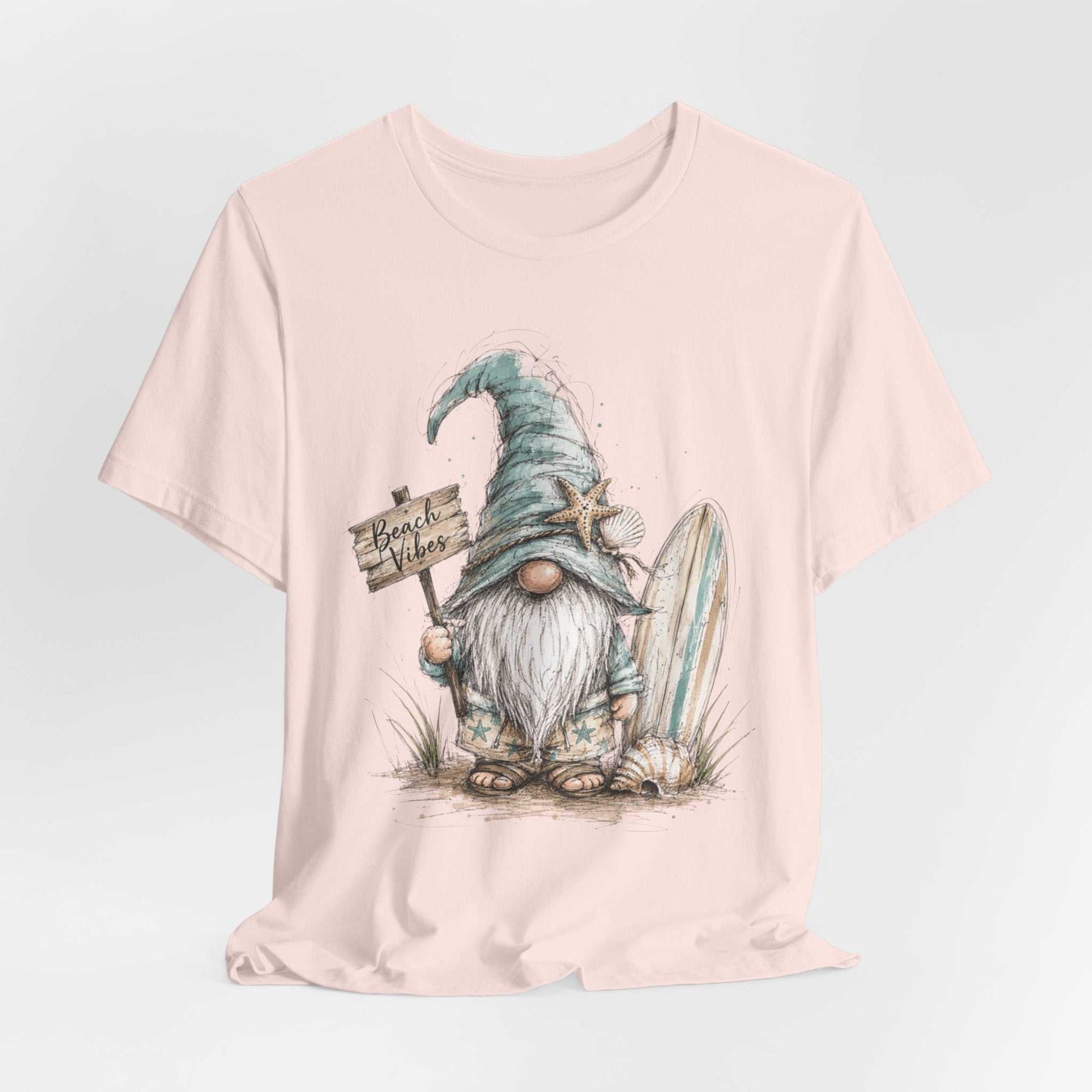 Beach Gnome Shirt featuring whimsical coastal gnome and seashell design on a soft, lightweight tee.