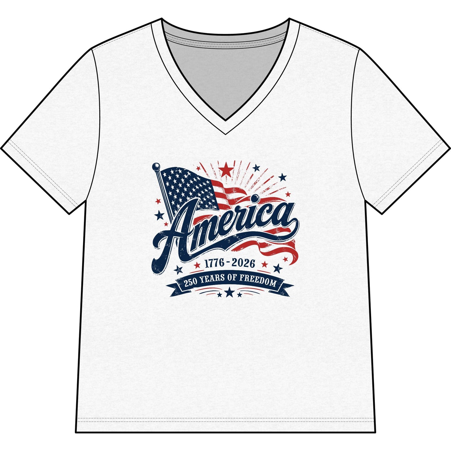 America 250 Years of Freedom women's patriotic V-neck tee with vintage American flag design
