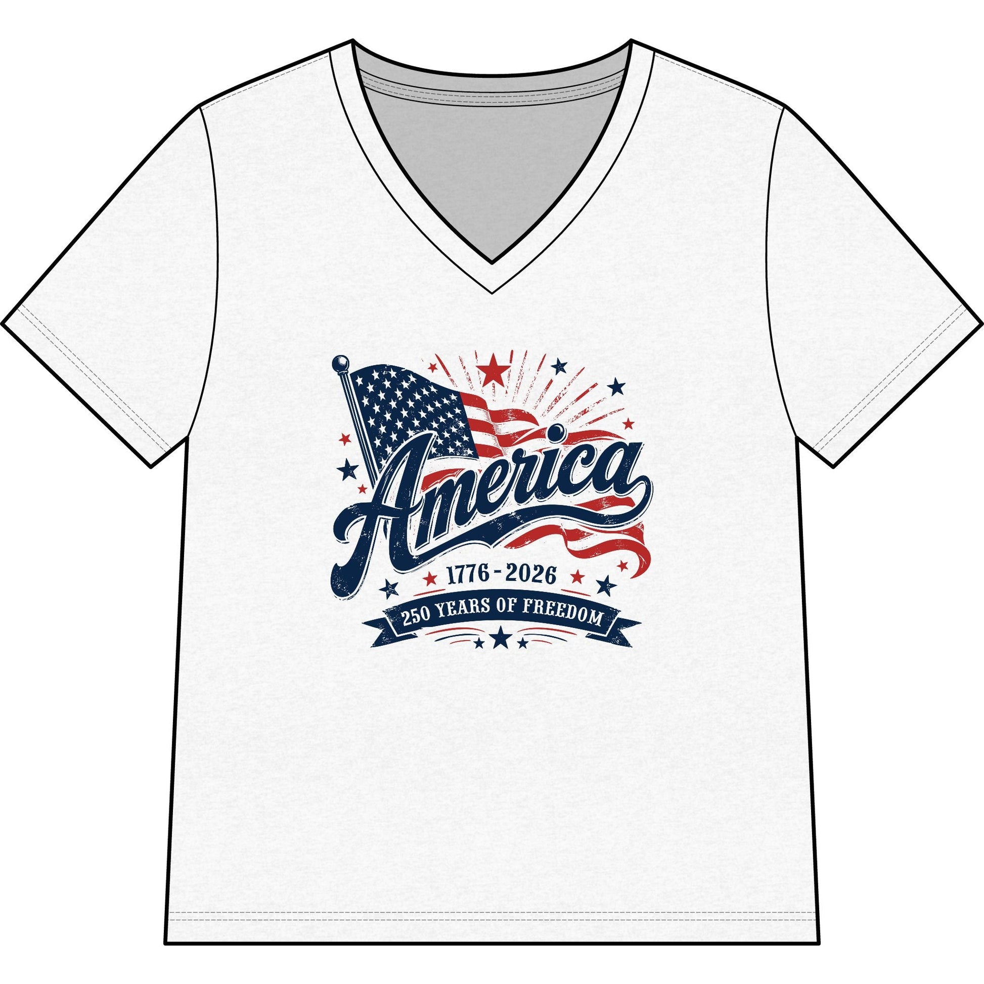 America 250 Years of Freedom women's patriotic V-neck tee with vintage American flag design