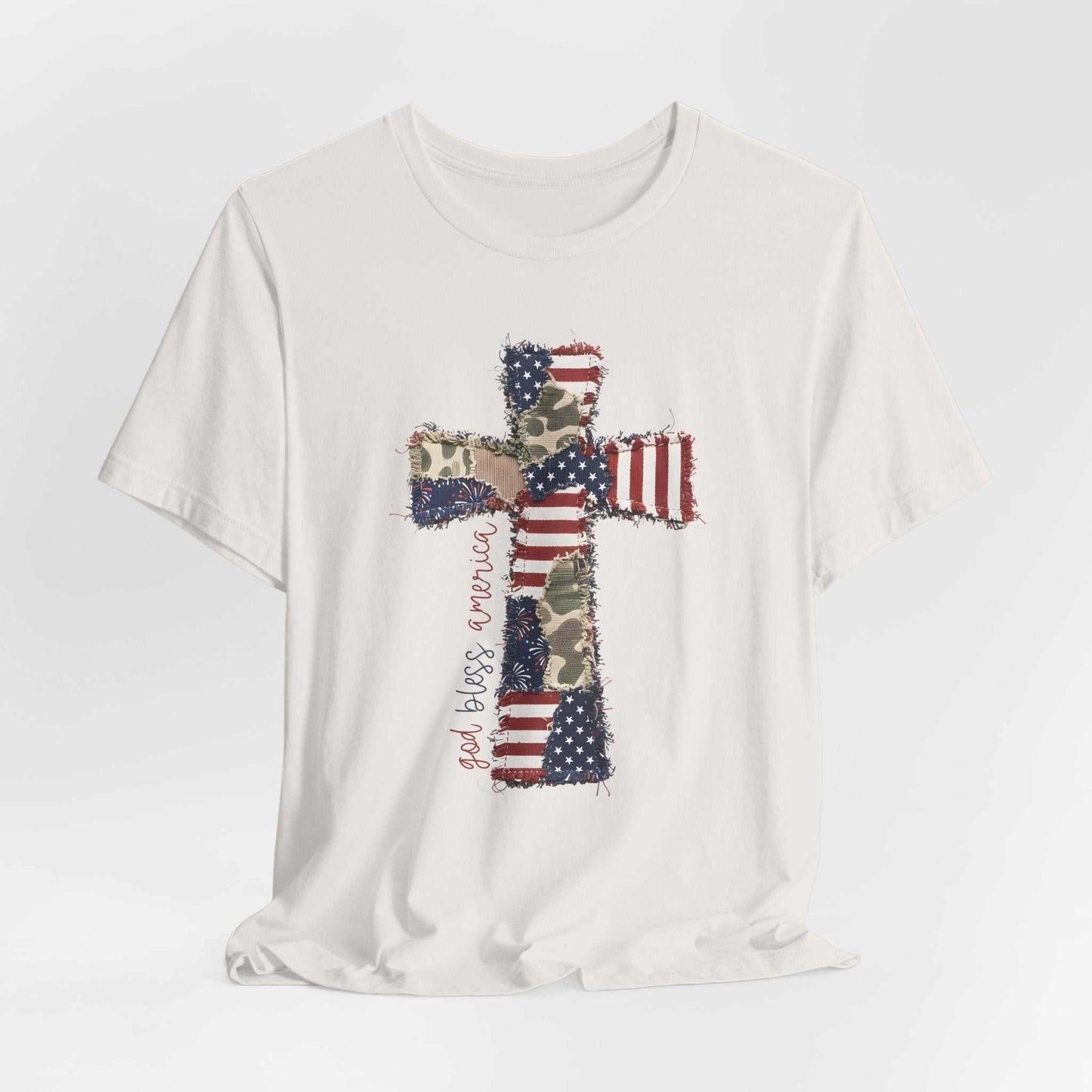God Bless America shirt with patriotic cross and distressed American flag design