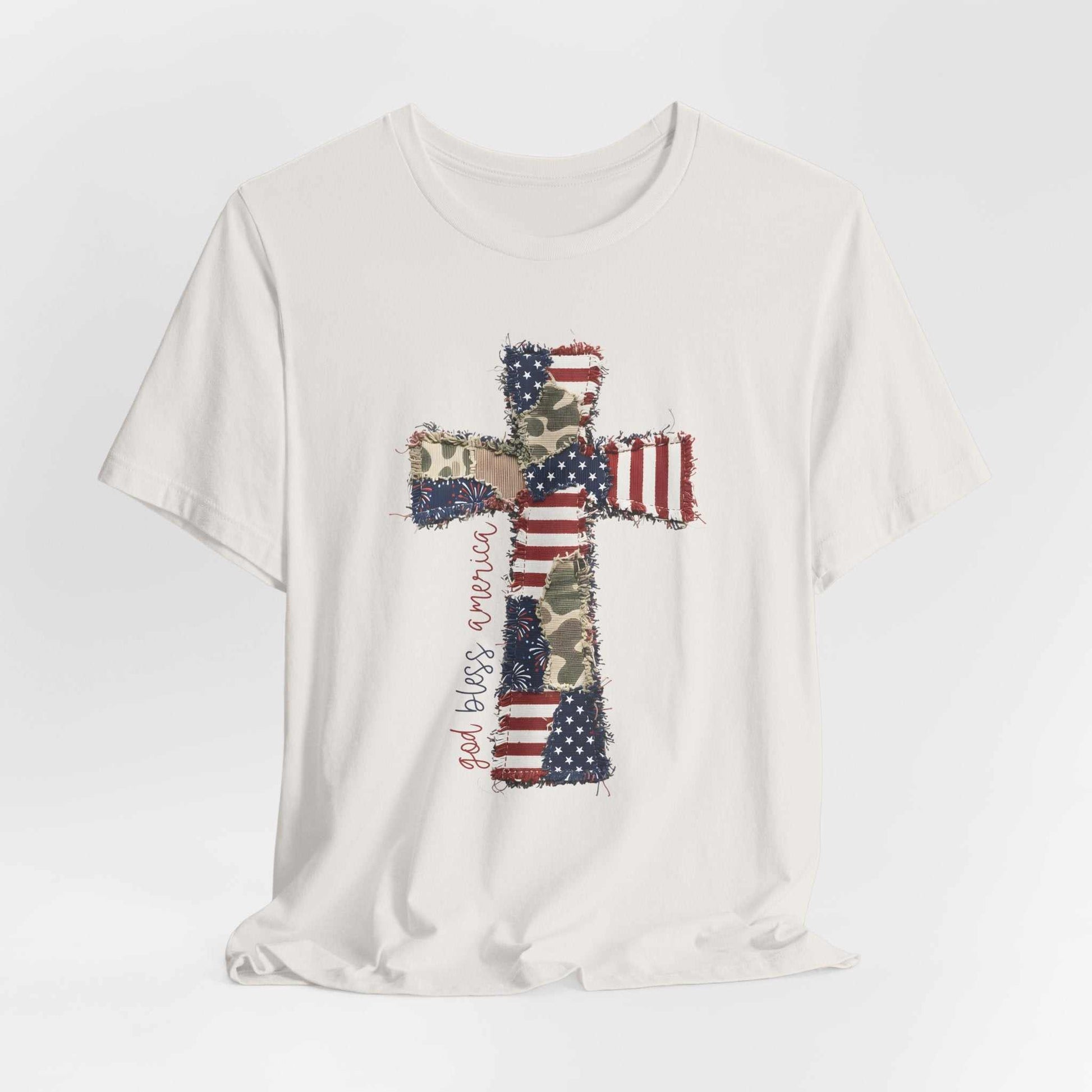 God Bless America shirt with patriotic cross and distressed American flag design