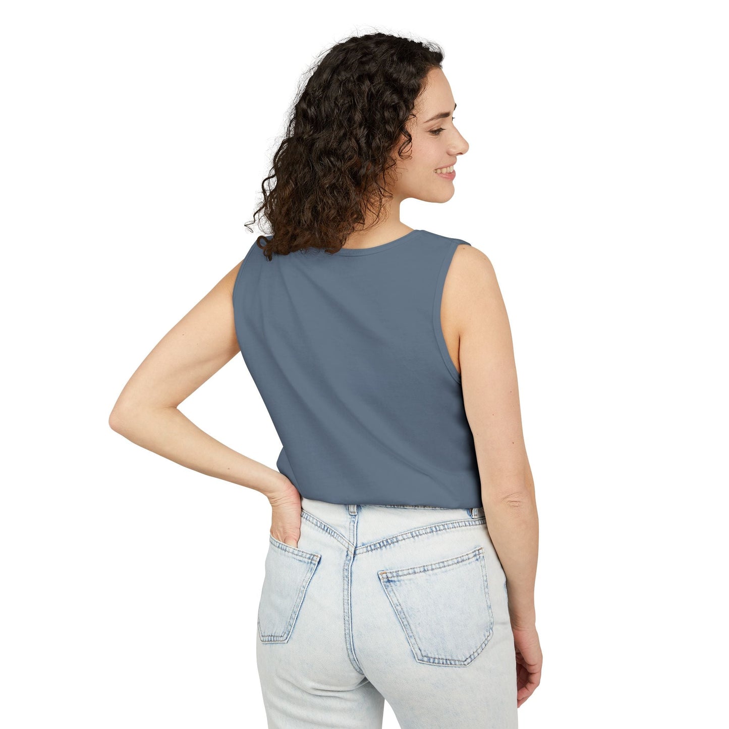 Patriotic watercolor flower tank top with indigo and rust floral design on soft cotton