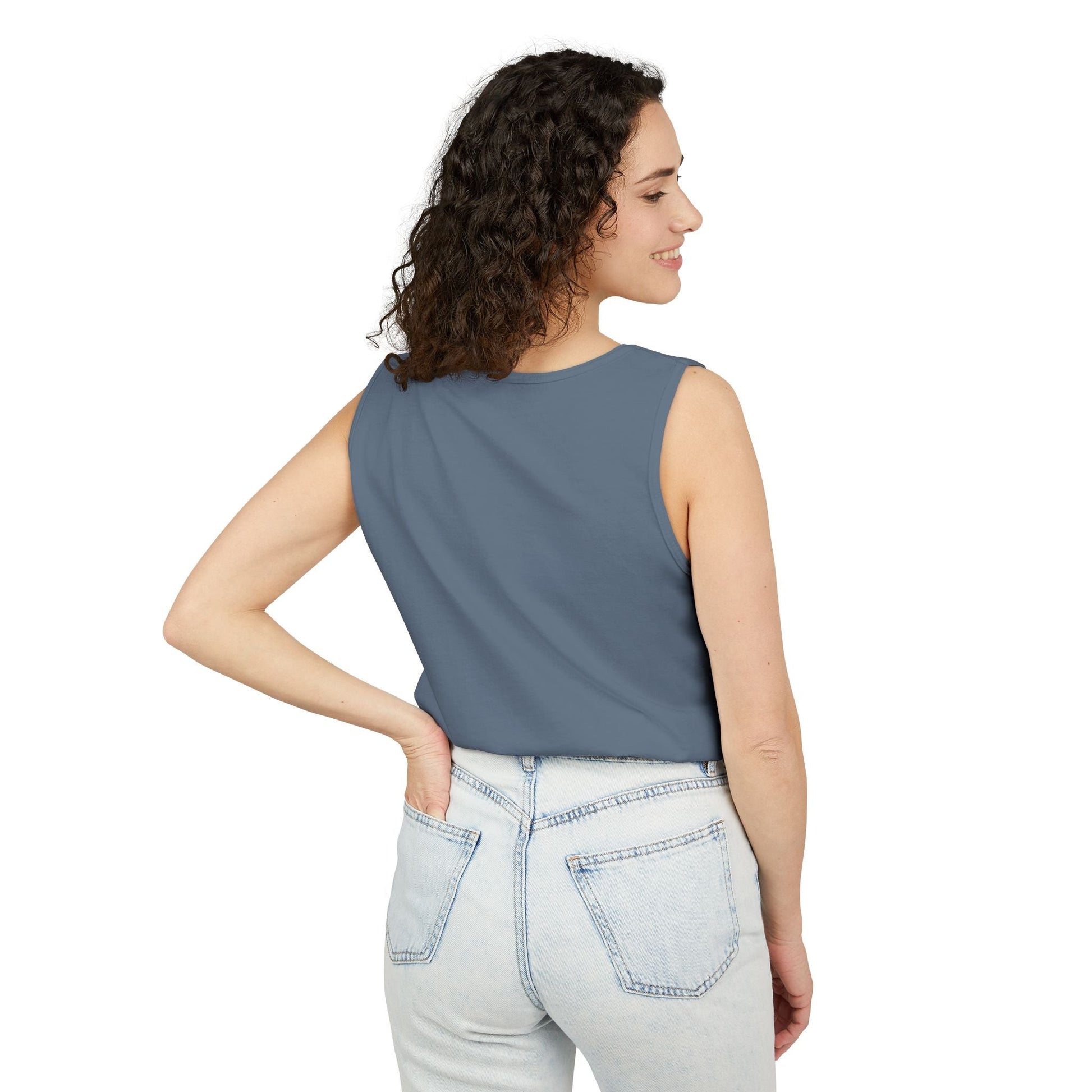 Patriotic watercolor flower tank top with indigo and rust floral design on soft cotton