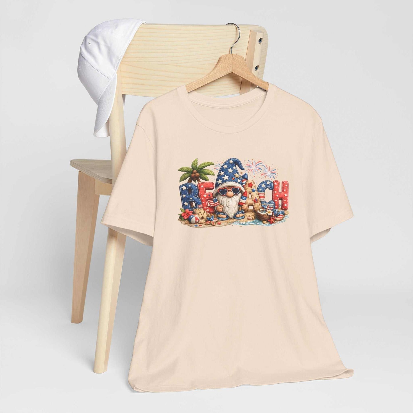 Patriotic Beach Gnome patchwork tee with red, white, and blue coastal summer design