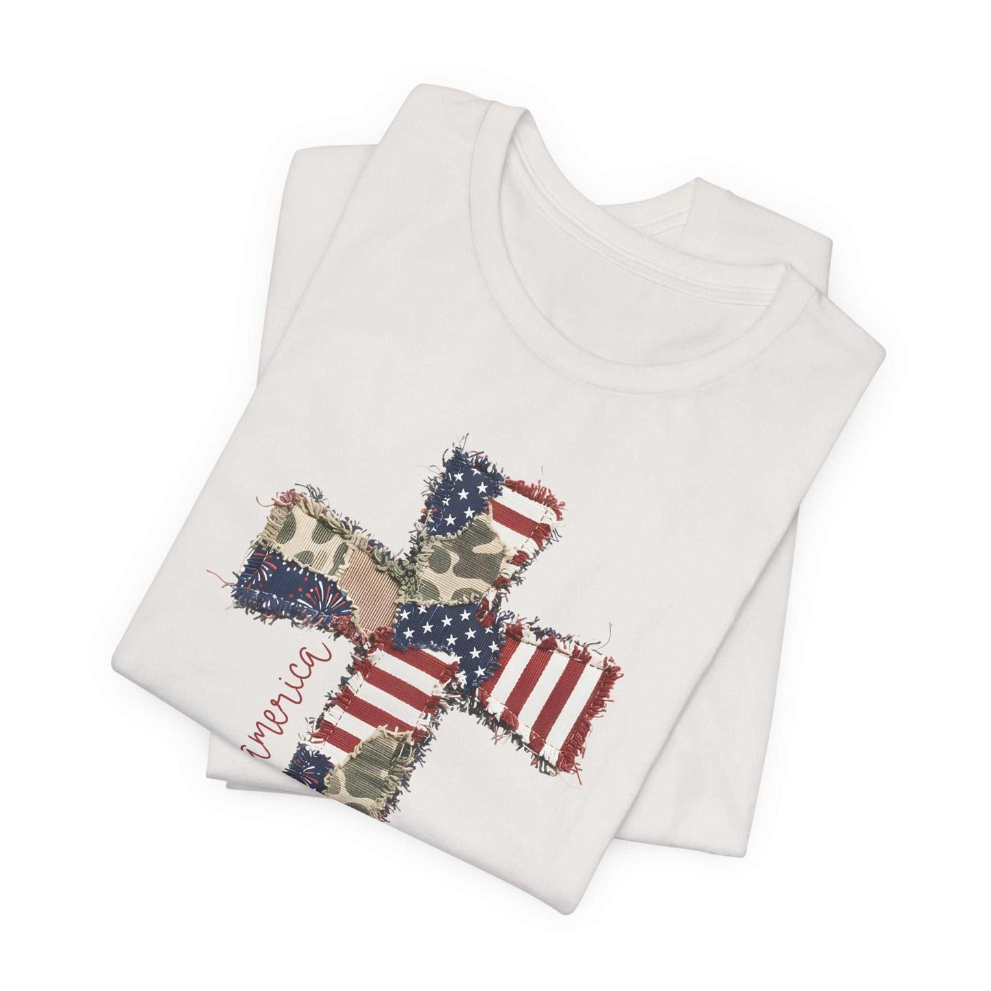 Vintage God Bless America shirt with patriotic cross and distressed flag design
