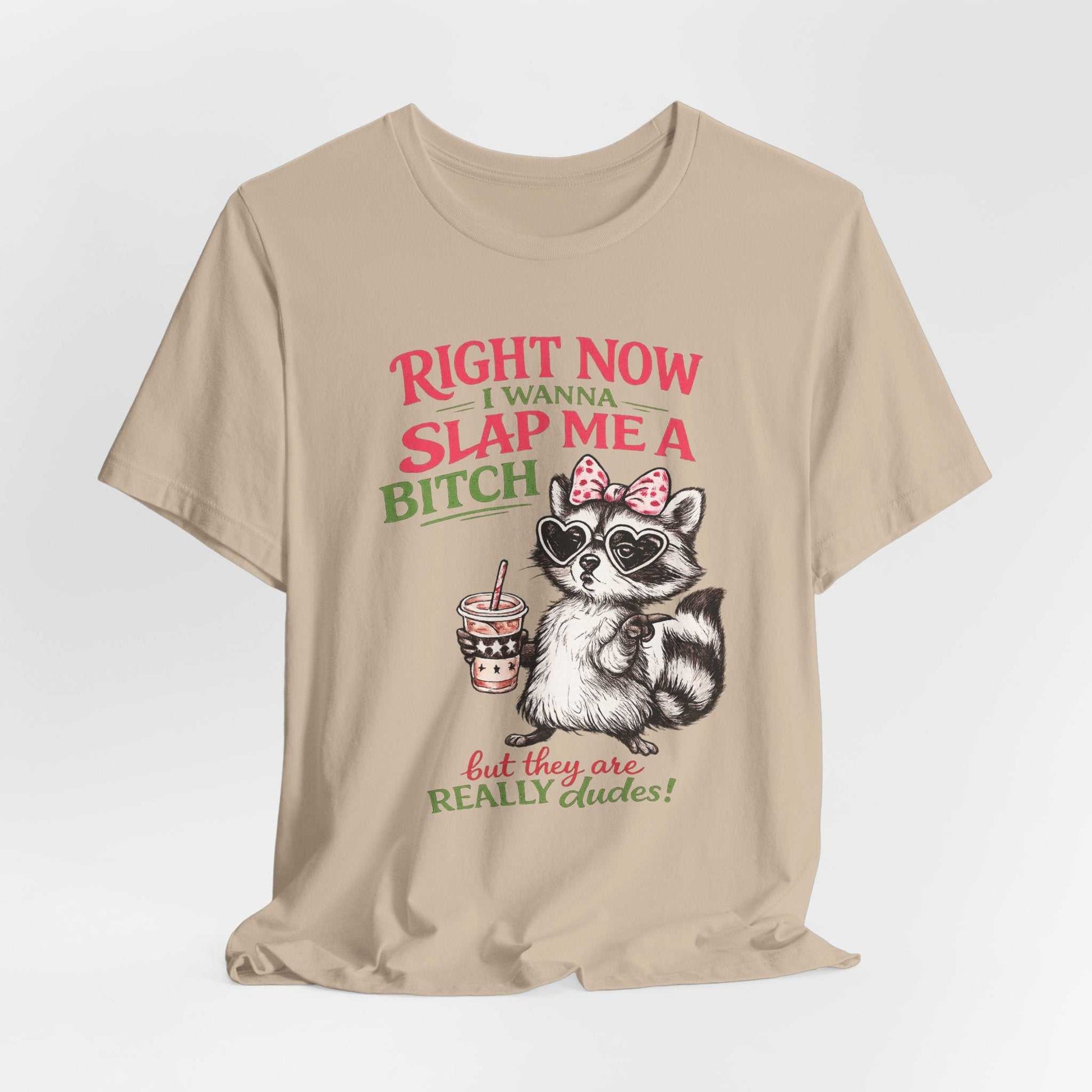 Graphic tee with sassy raccoon and "Right Now I Wanna Slap Me a BITCH" retro distressed text design