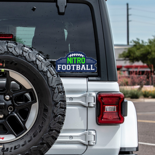 Nitro Decals die-cut football sticker on white SUV rear window next to spare tire