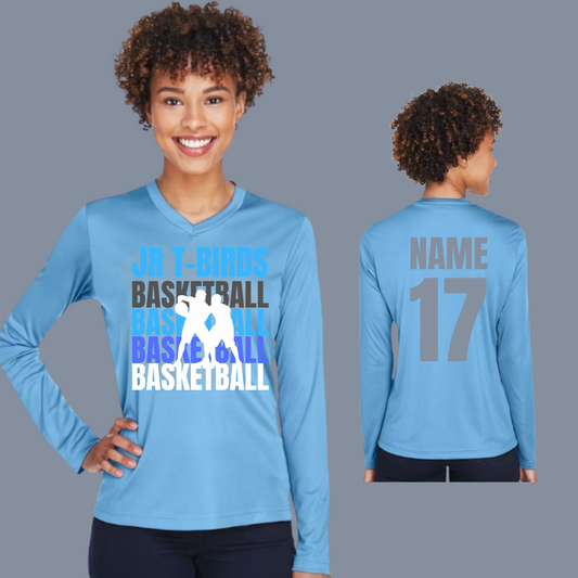 Woman's Vneck shirt with Jr TBirds Basketball design, personalized back, moisture-wicking, UV protection.