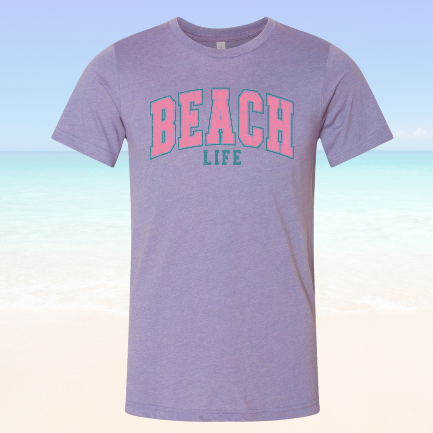 Beach Life Vibe Tee showcasing a relaxed beach theme with soft fabric, perfect for seaside outings.