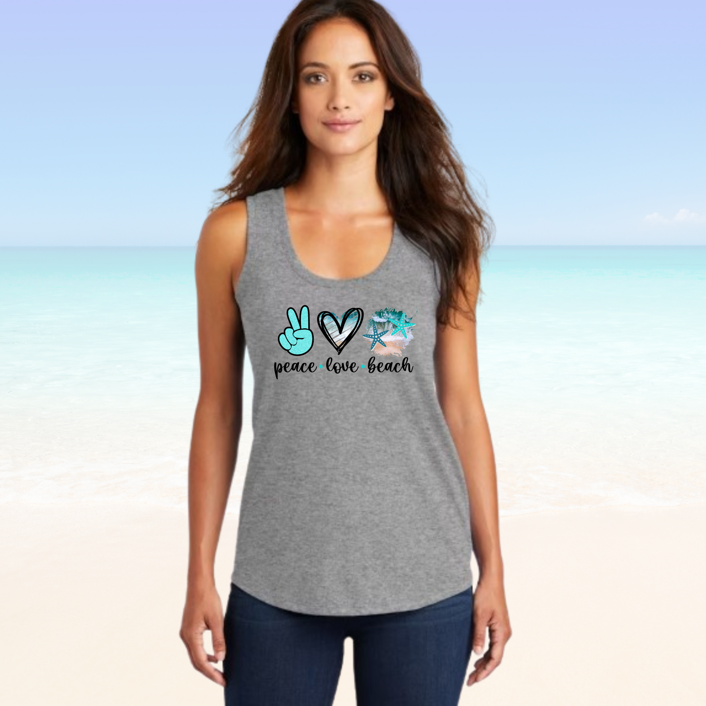 Peace Love Beach Tank Top with beach-themed graphic for women.