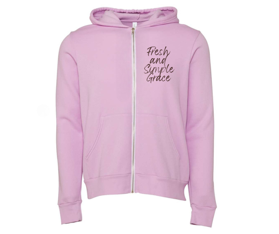Lilac hoodie with "Fresh and Simple Grace" text, featuring a zip-up front and hood.