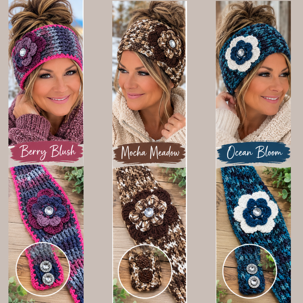 Hand-Crocheted Flower Ear Warmer Headbands | Adjustable