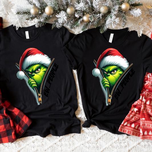 Grinch Ew People Christmas t-shirts on festive background.