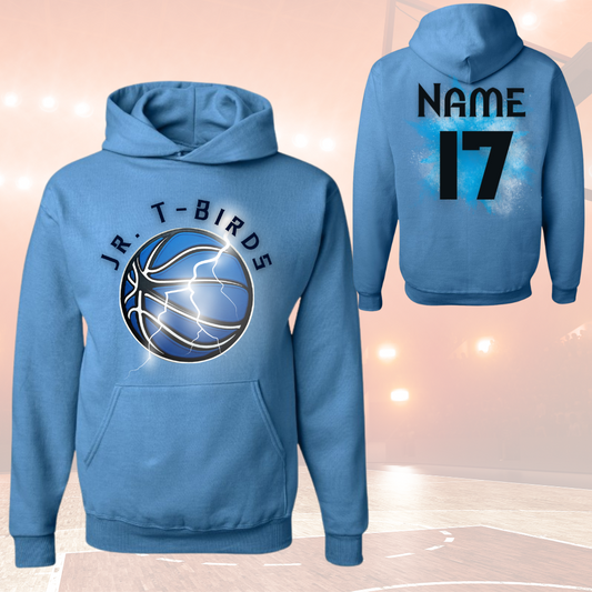 T-Bird Basketball Hoodie Adult Splash with customizable player name and number, unisex design, cotton-polyester blend.