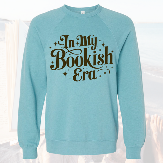 Bookish Era Sweatshirt in blue with "In My Bookish Era" text, perfect cozy reading wear.