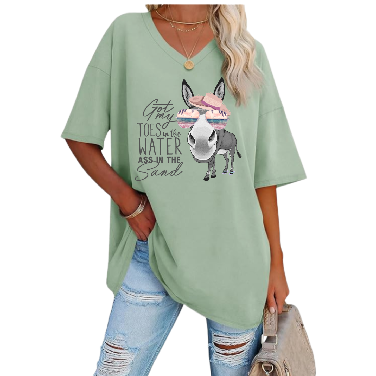 Got My Toes in the Water oversized V-neck tunic tee with beach donkey graphic and relaxed fit